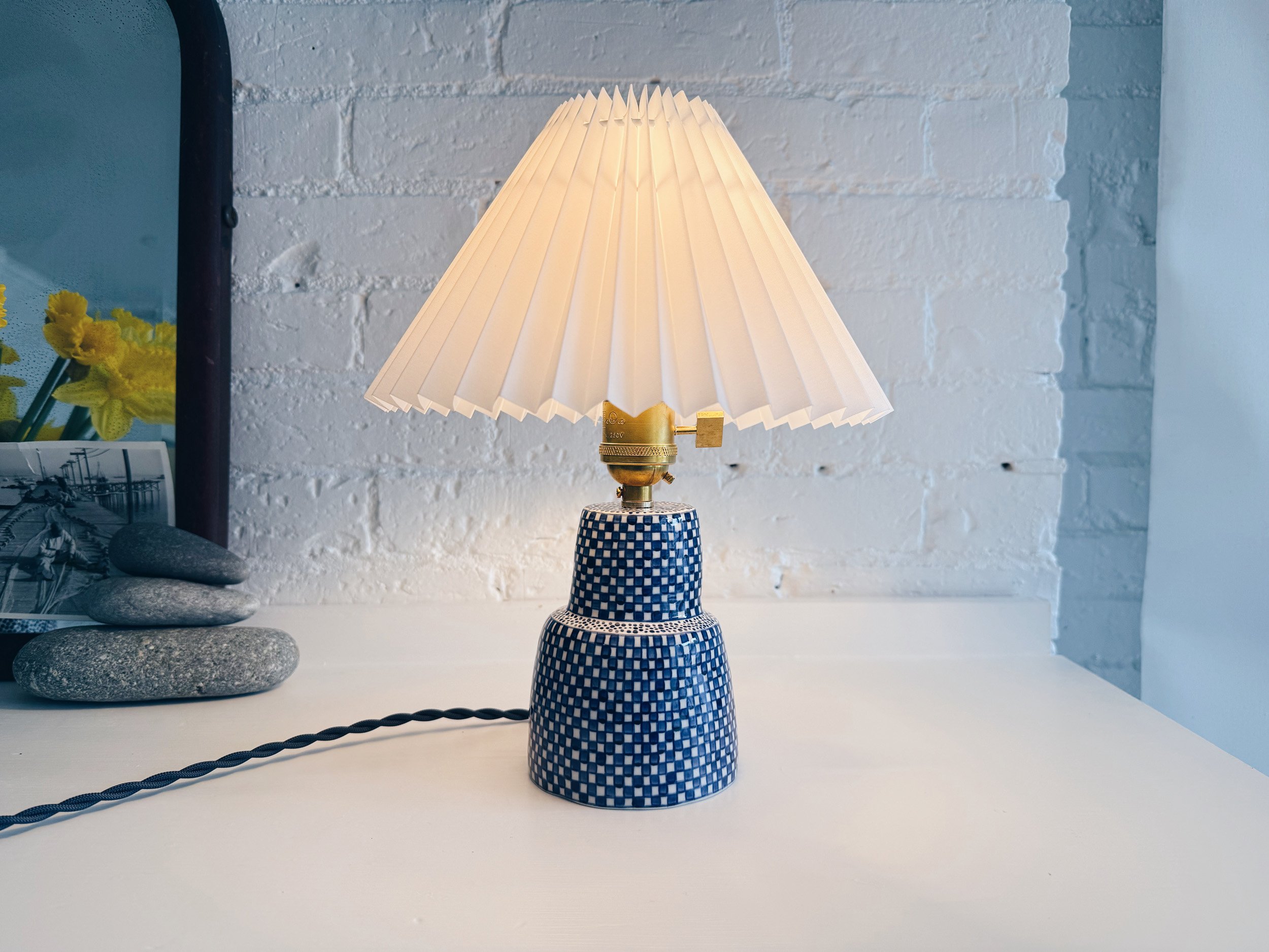 Blue and white, handmade ceramic lamp.