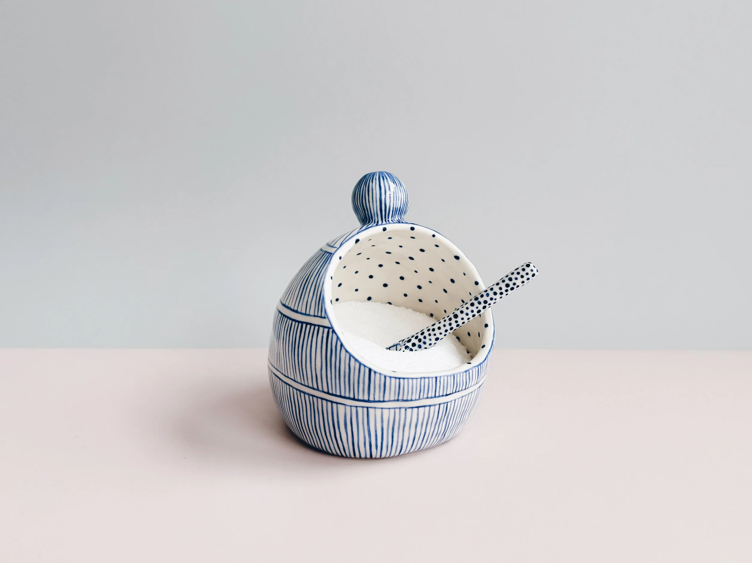 Blue and white, handmade ceramic salt cellar.
