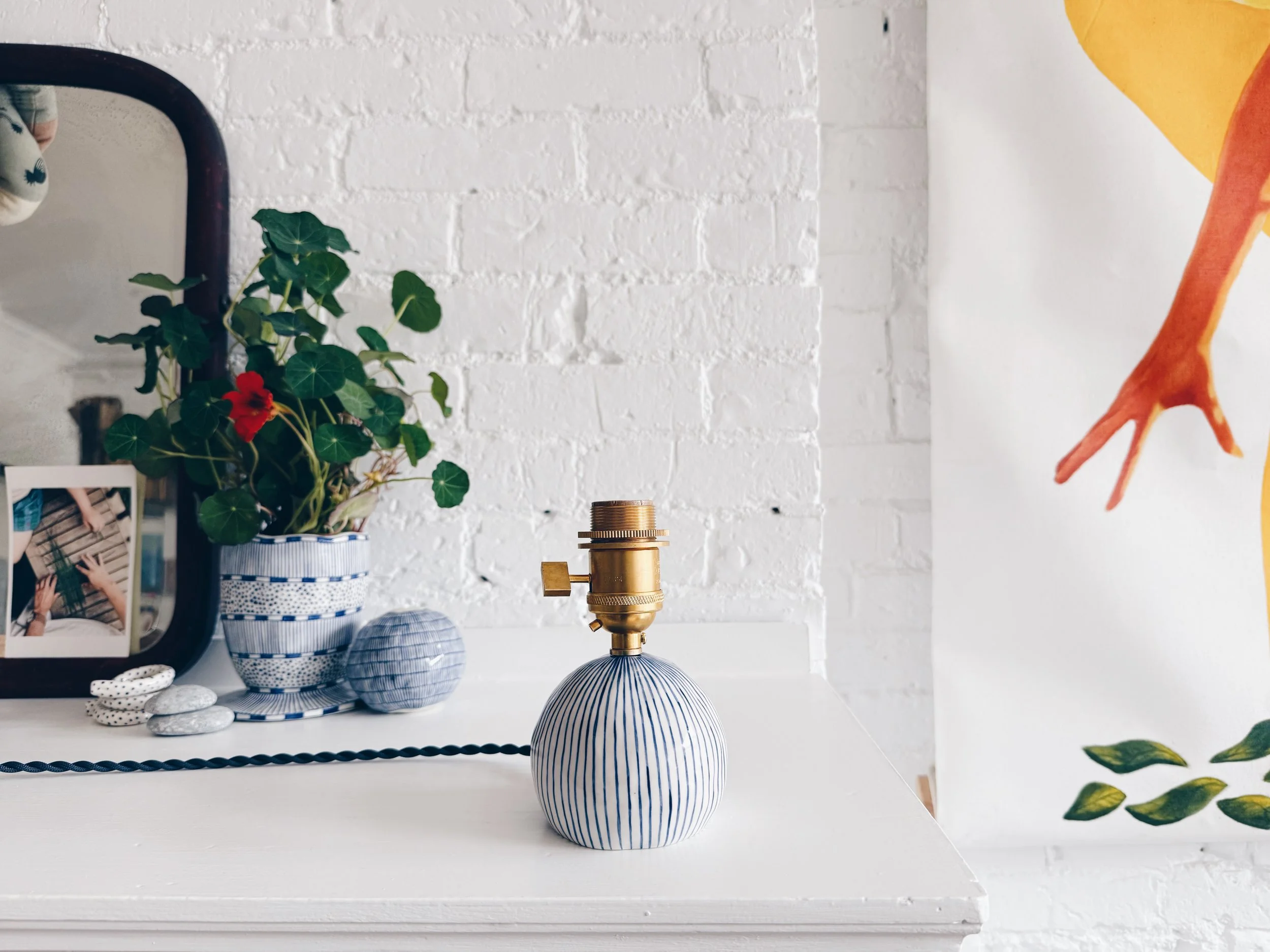 Blue and white, handmade ceramic lamp.