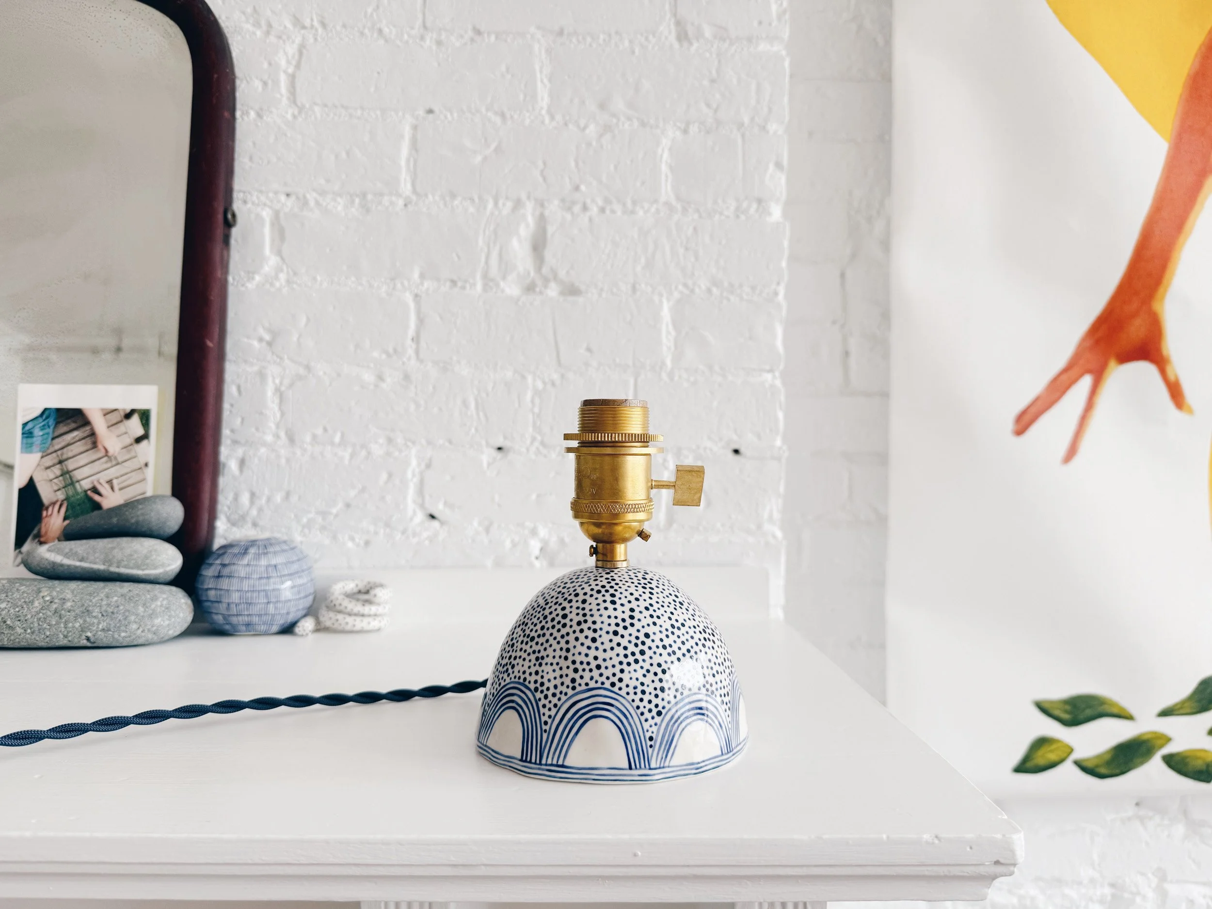 Blue and white, handmade ceramic lamp.