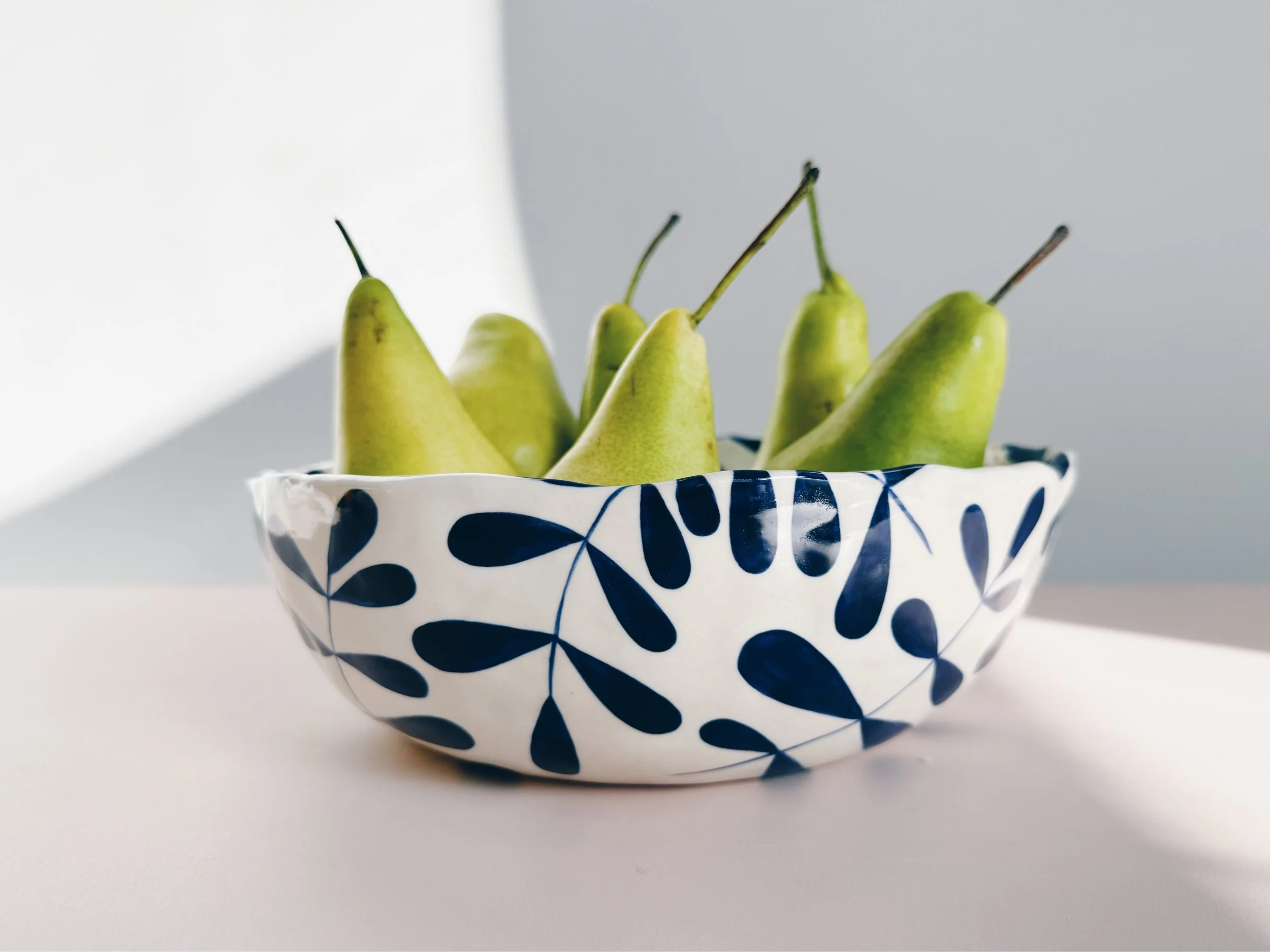 Blue and white, handmade ceramic bowl.