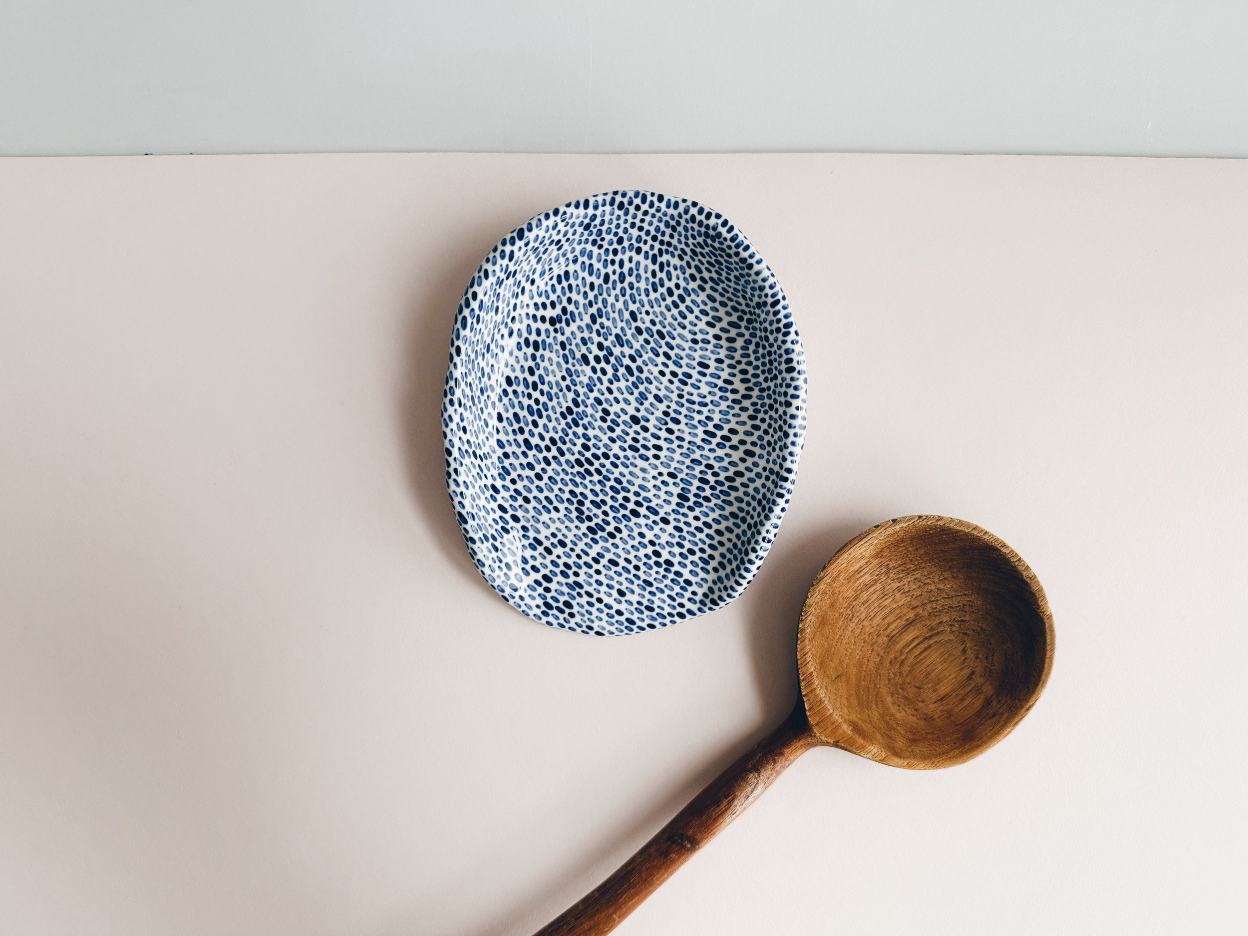 Blue and white, handmade ceramic spoon rest.