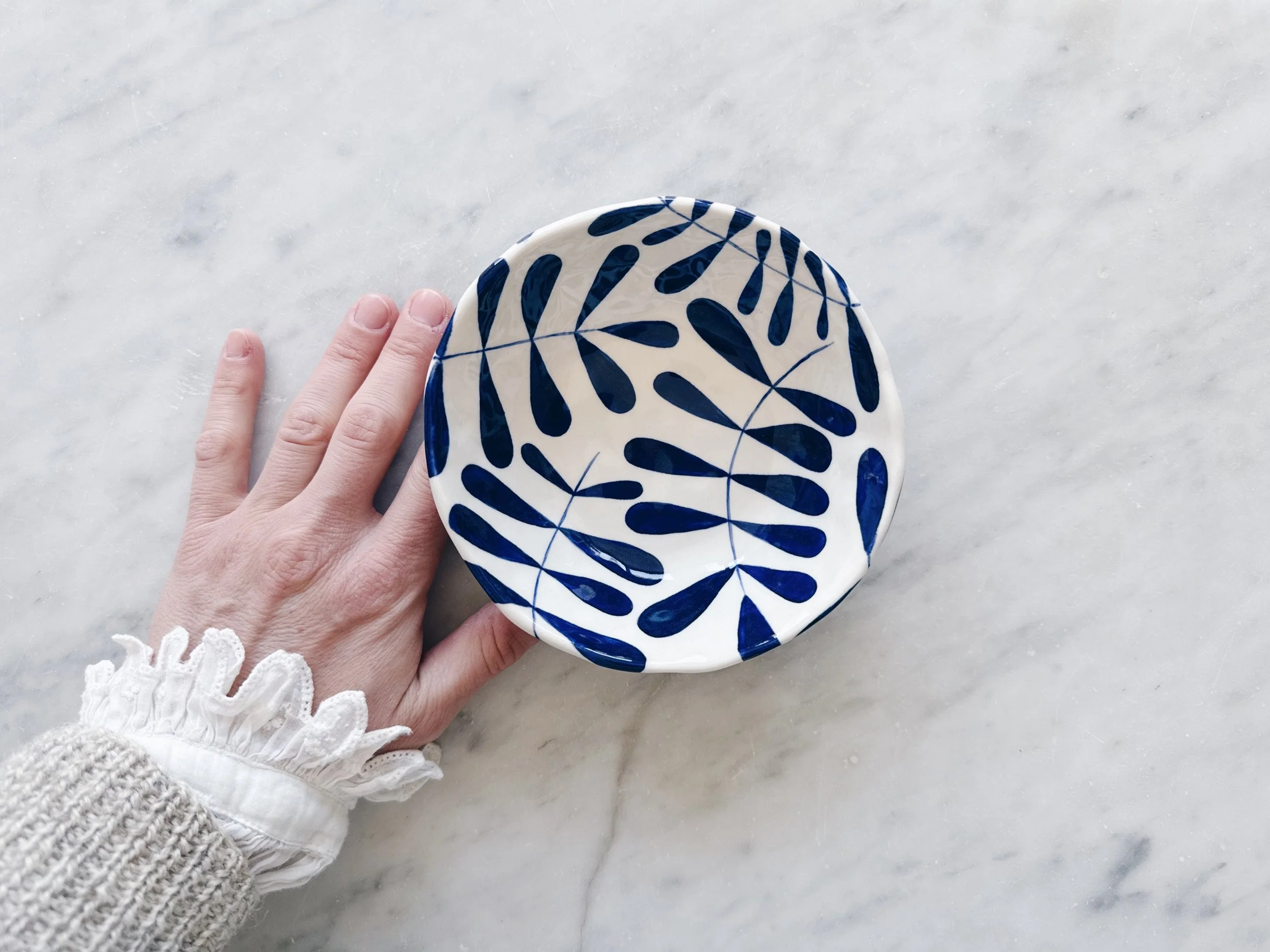 Blue and white, handmade ceramic bowl.