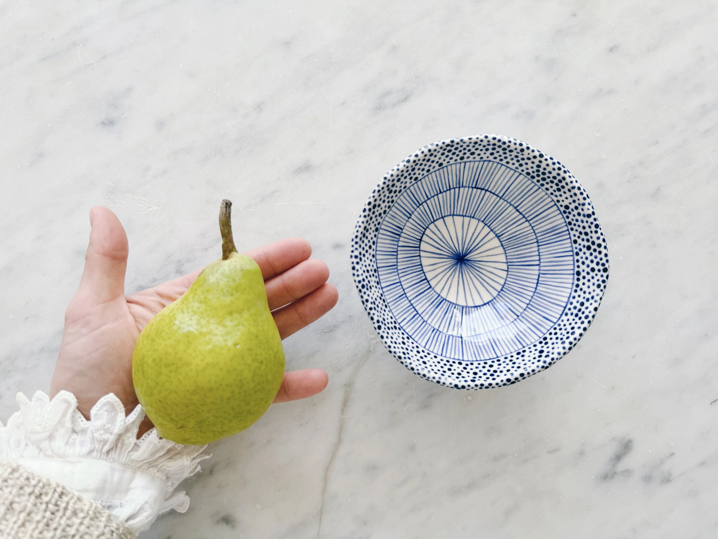Blue and white, handmade ceramic bowl.