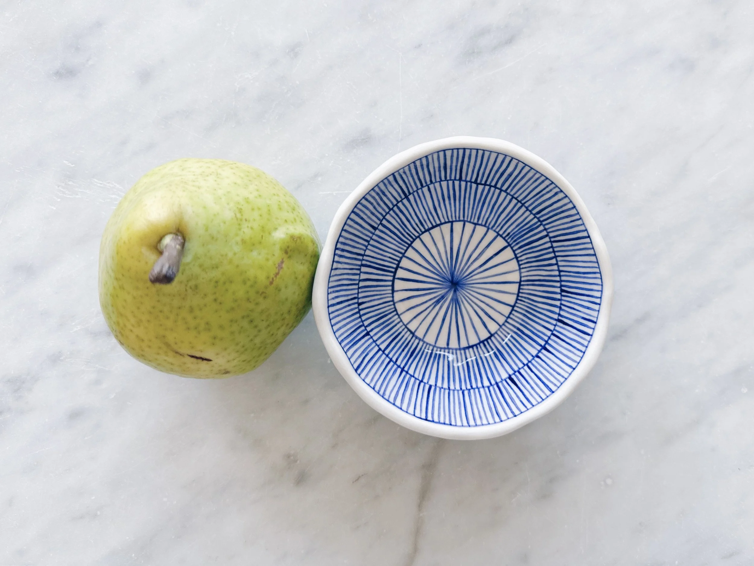 Blue and white, handmade ceramic bowl.