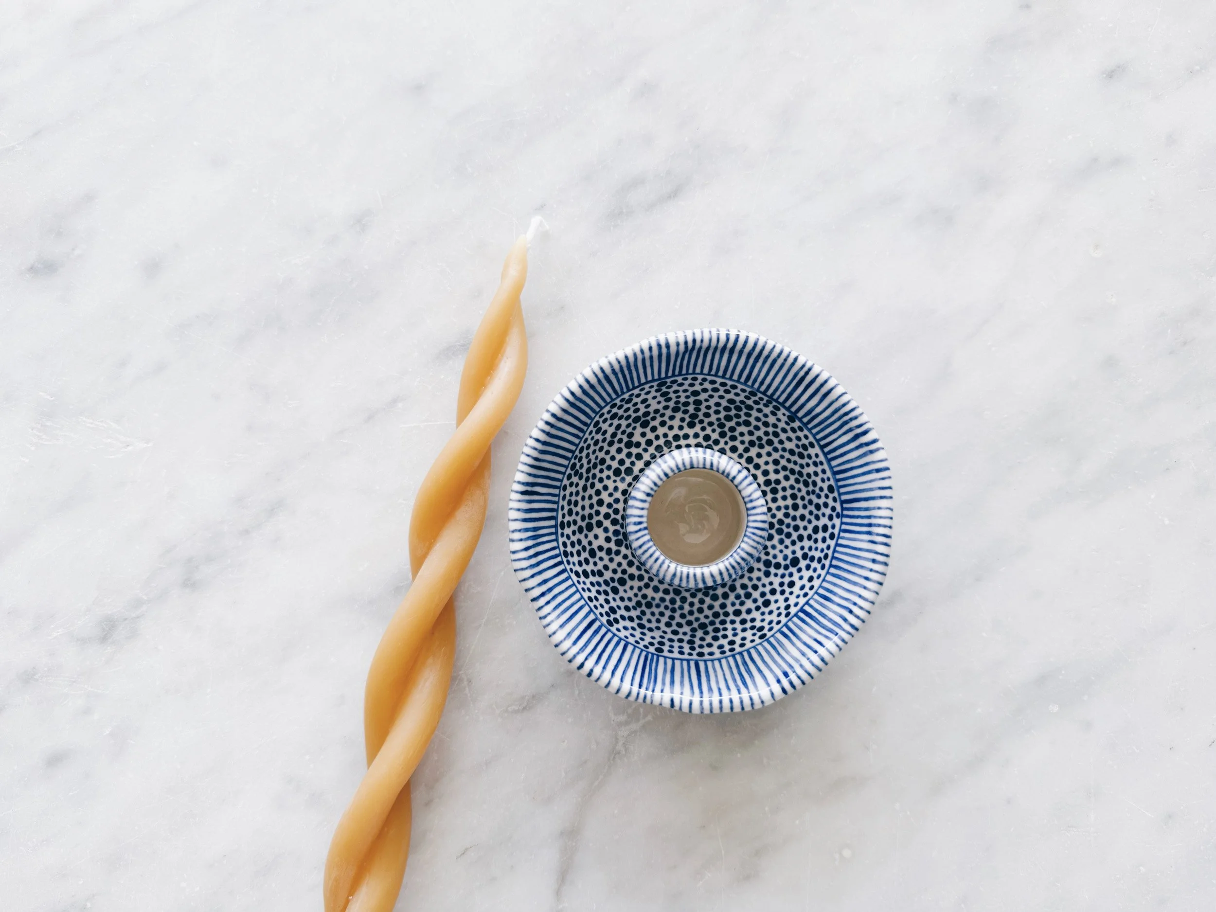 Blue and white, handmade ceramic candleholder.
