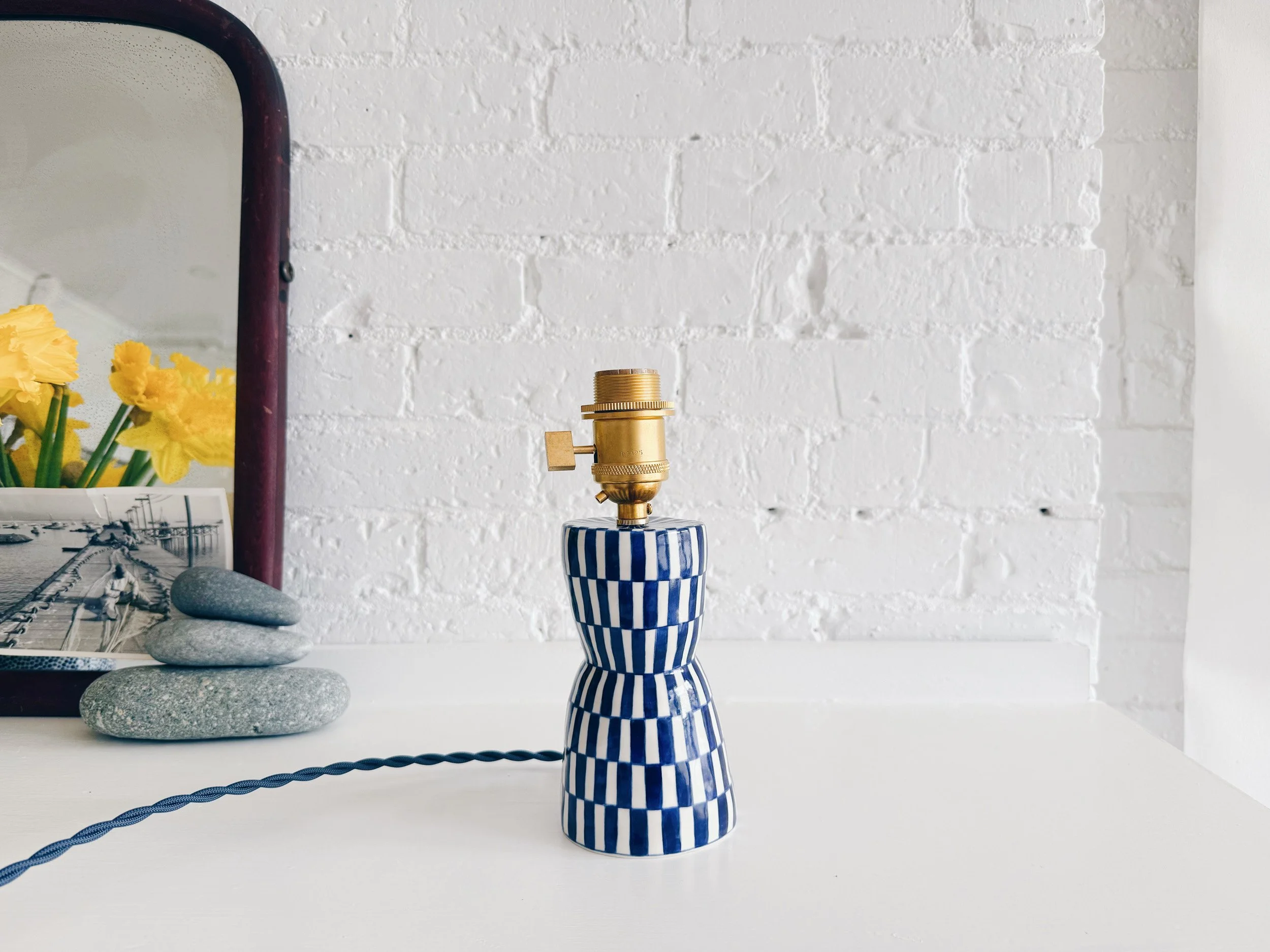 Blue and white, handmade ceramic lamp.