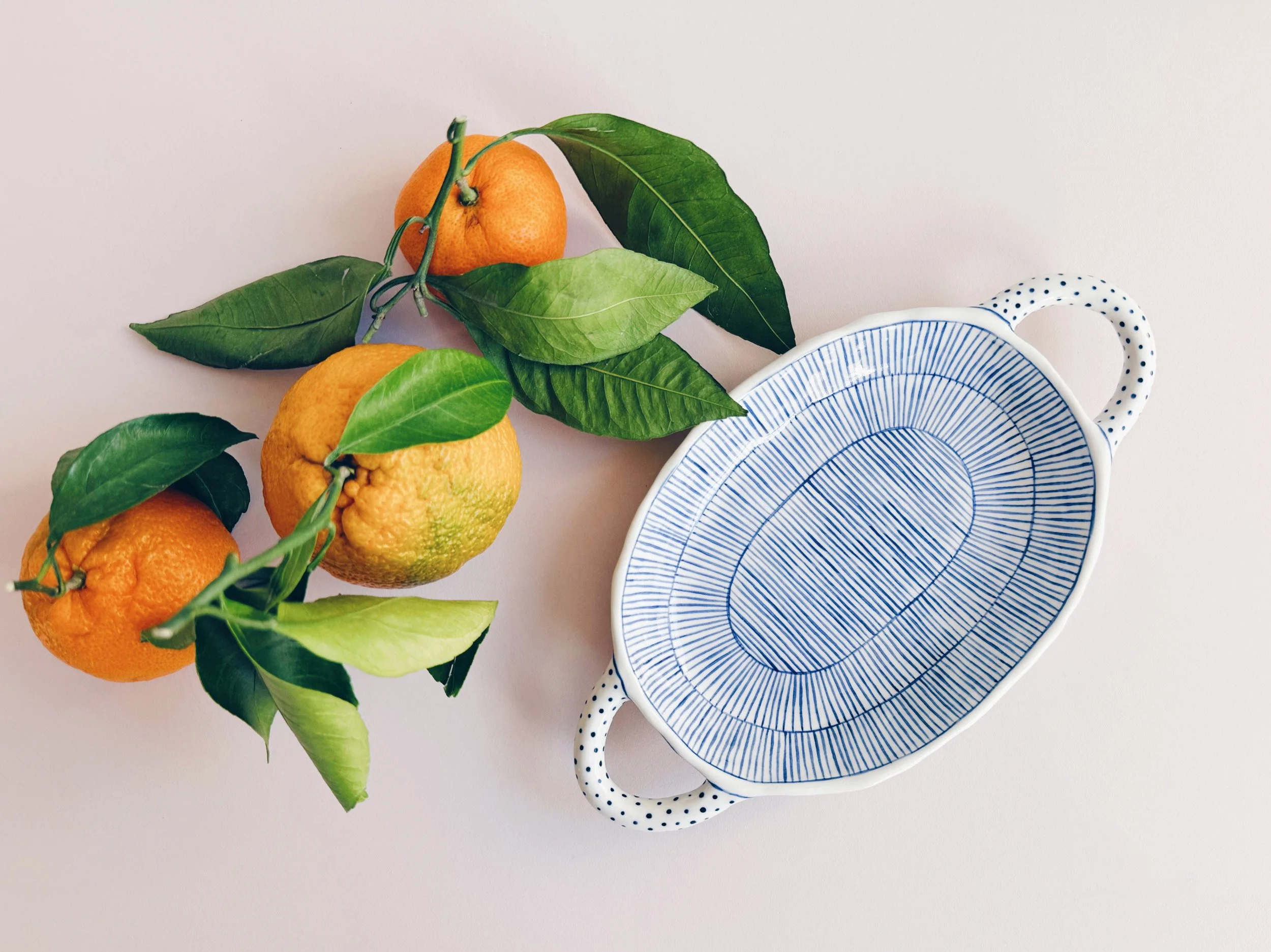 Blue and white, handmade ceramic dish.