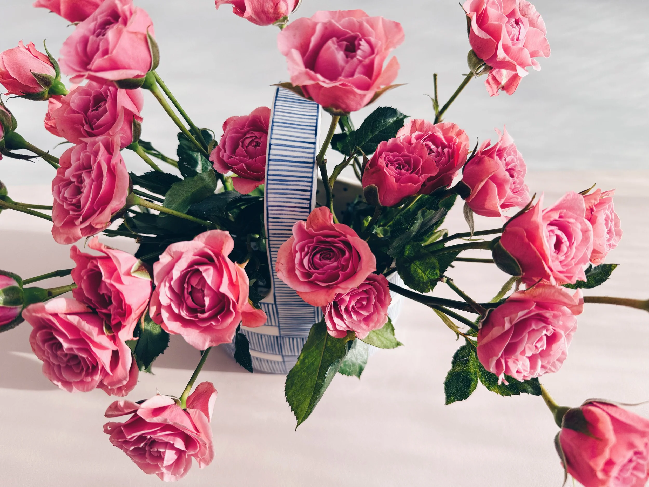 Blue and white, handmade ceramic vessel.