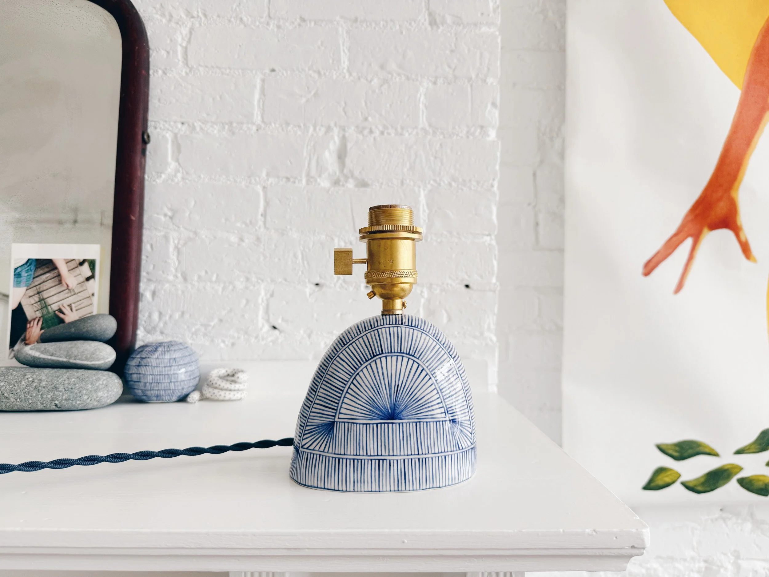 Blue and white, handmade ceramic lamp.