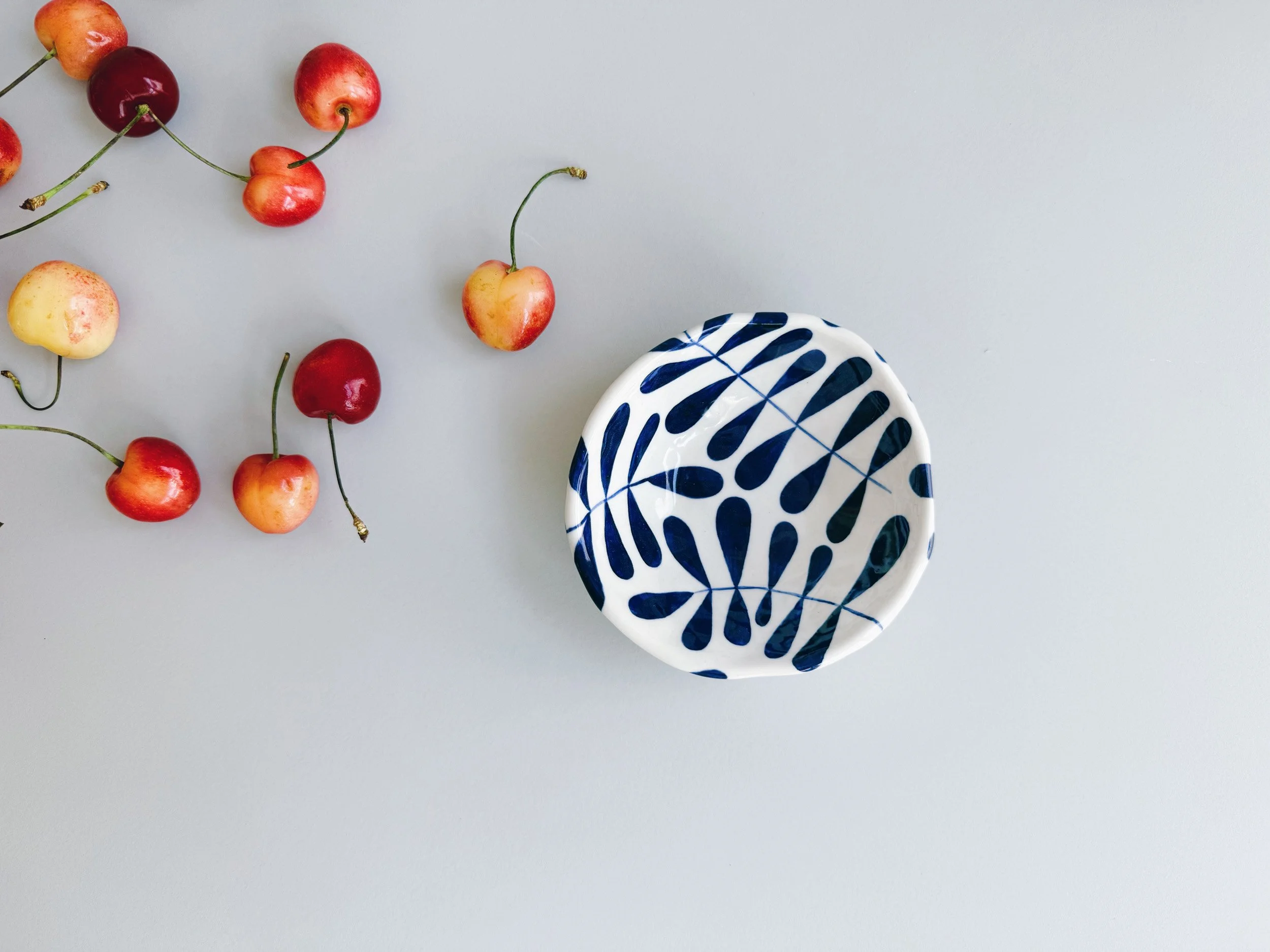 Blue and white, handmade ceramic bowl.