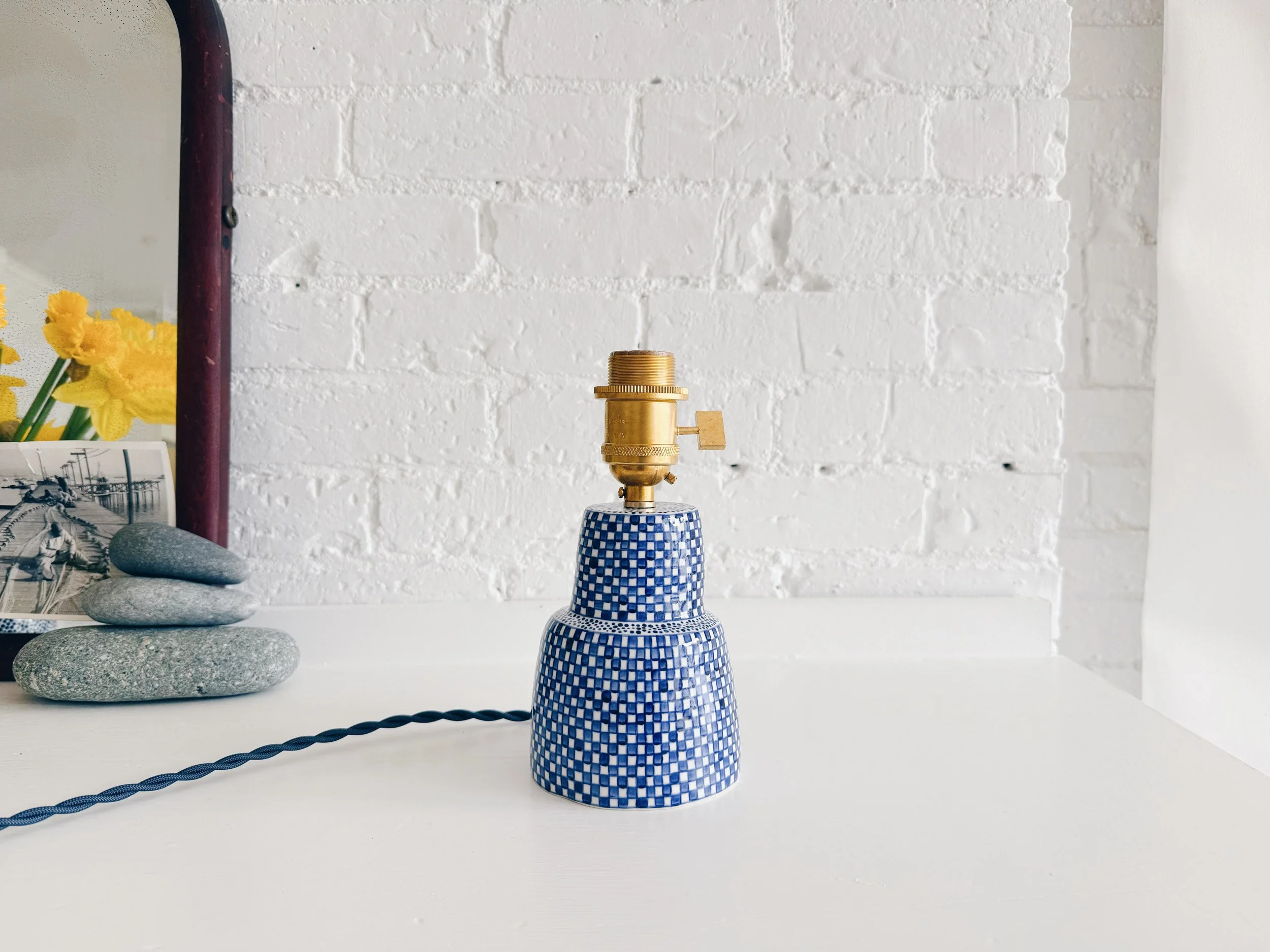Blue and white, handmade ceramic lamp.