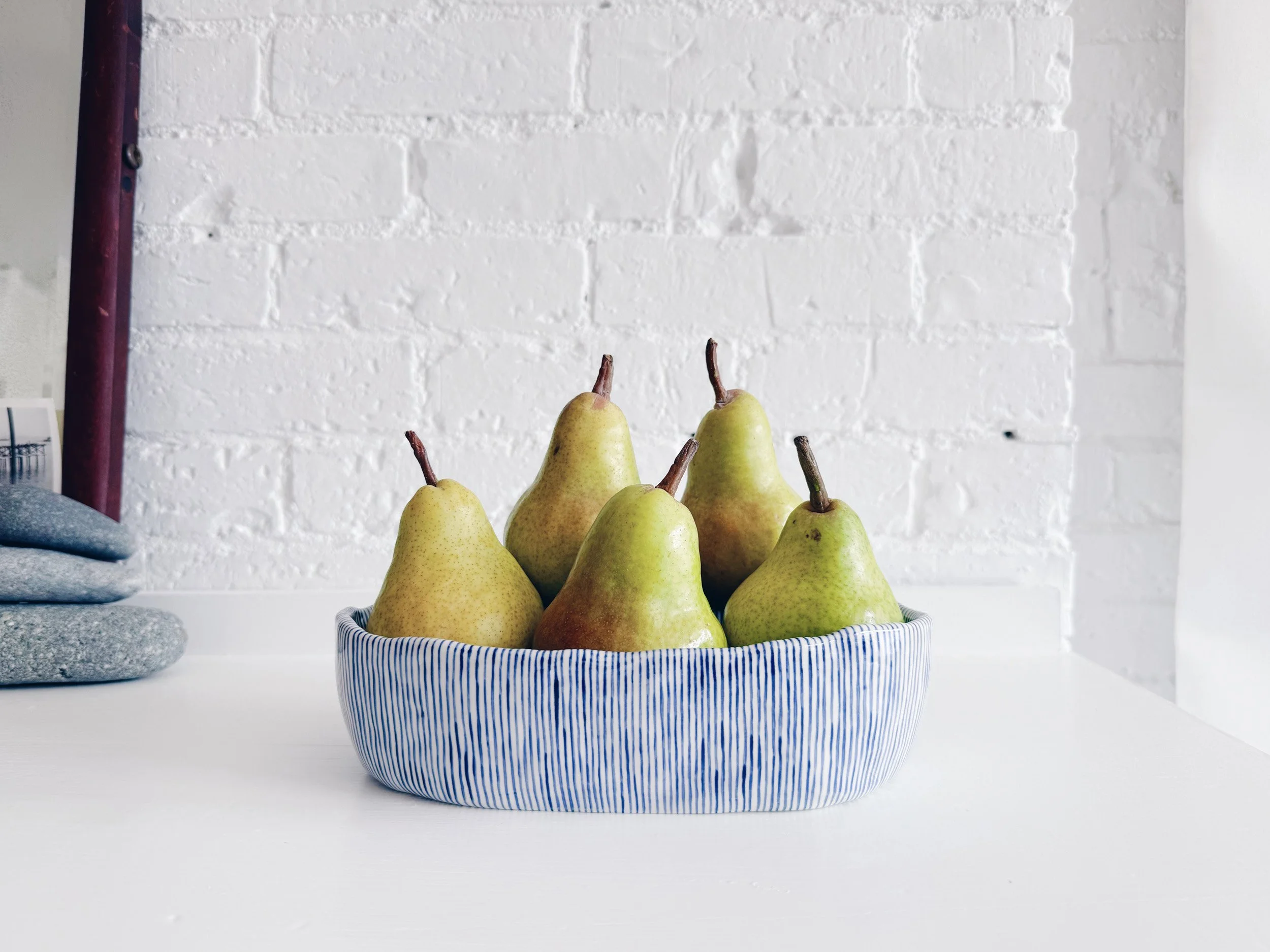 Blue and white, handmade ceramic dish.