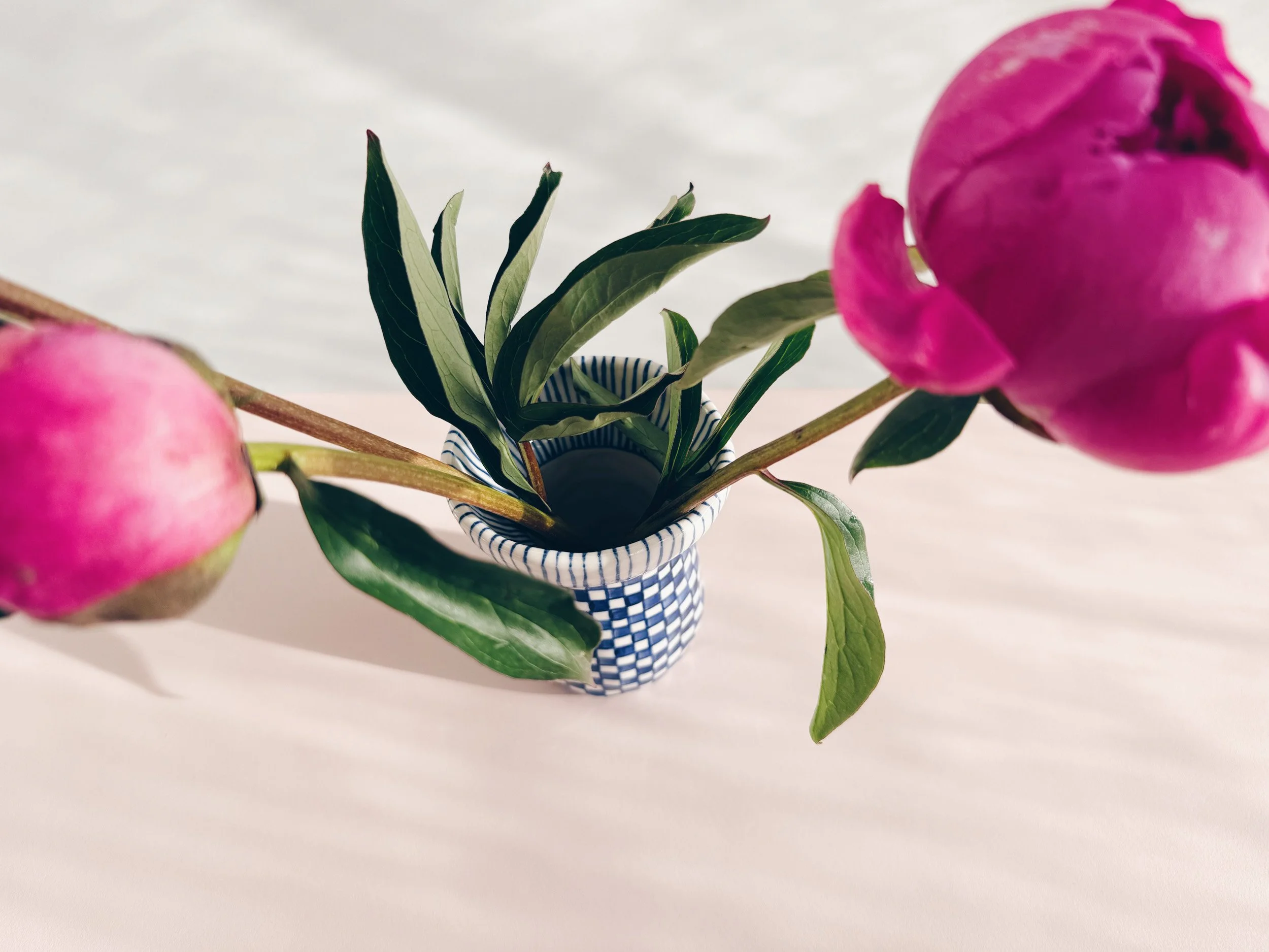 Blue and white, handmade ceramic vase.