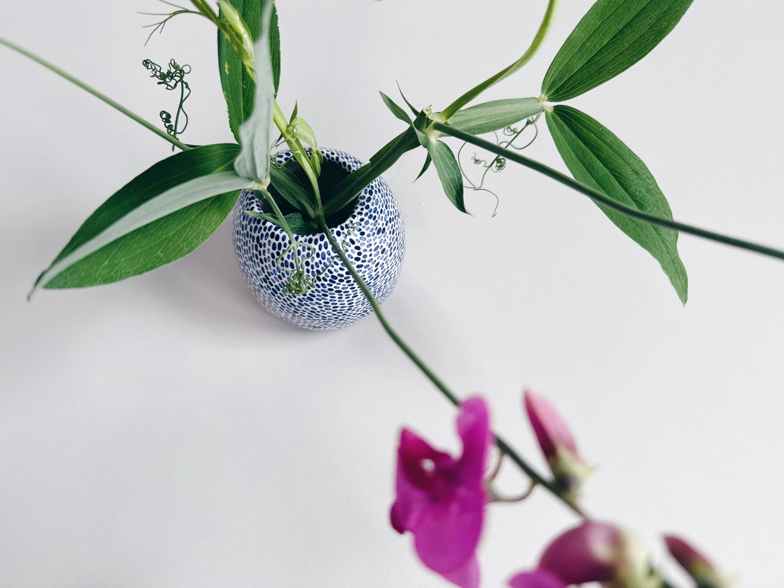 Blue and white, handmade ceramic vase.