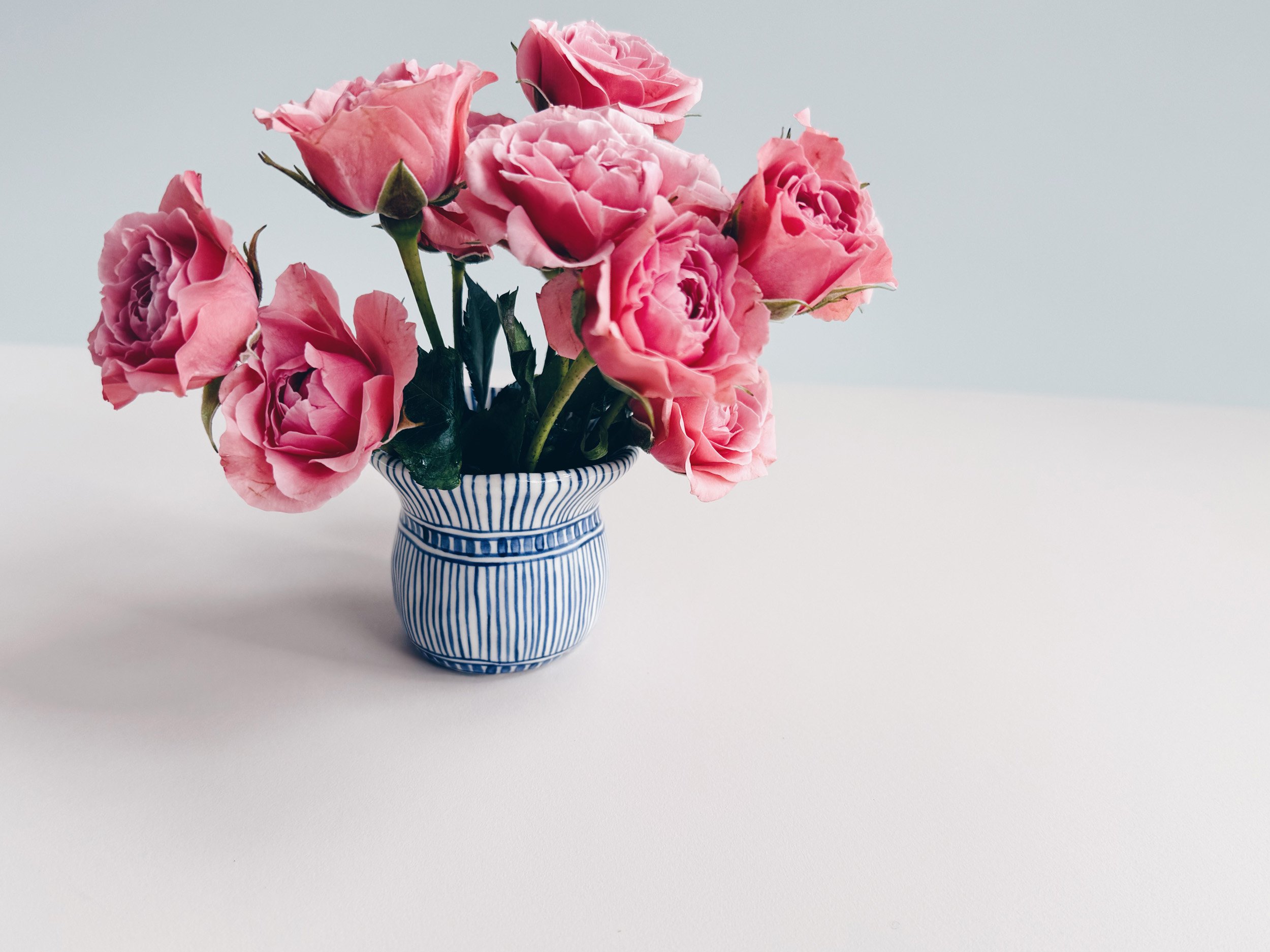 Blue and white, handmade ceramic vase.