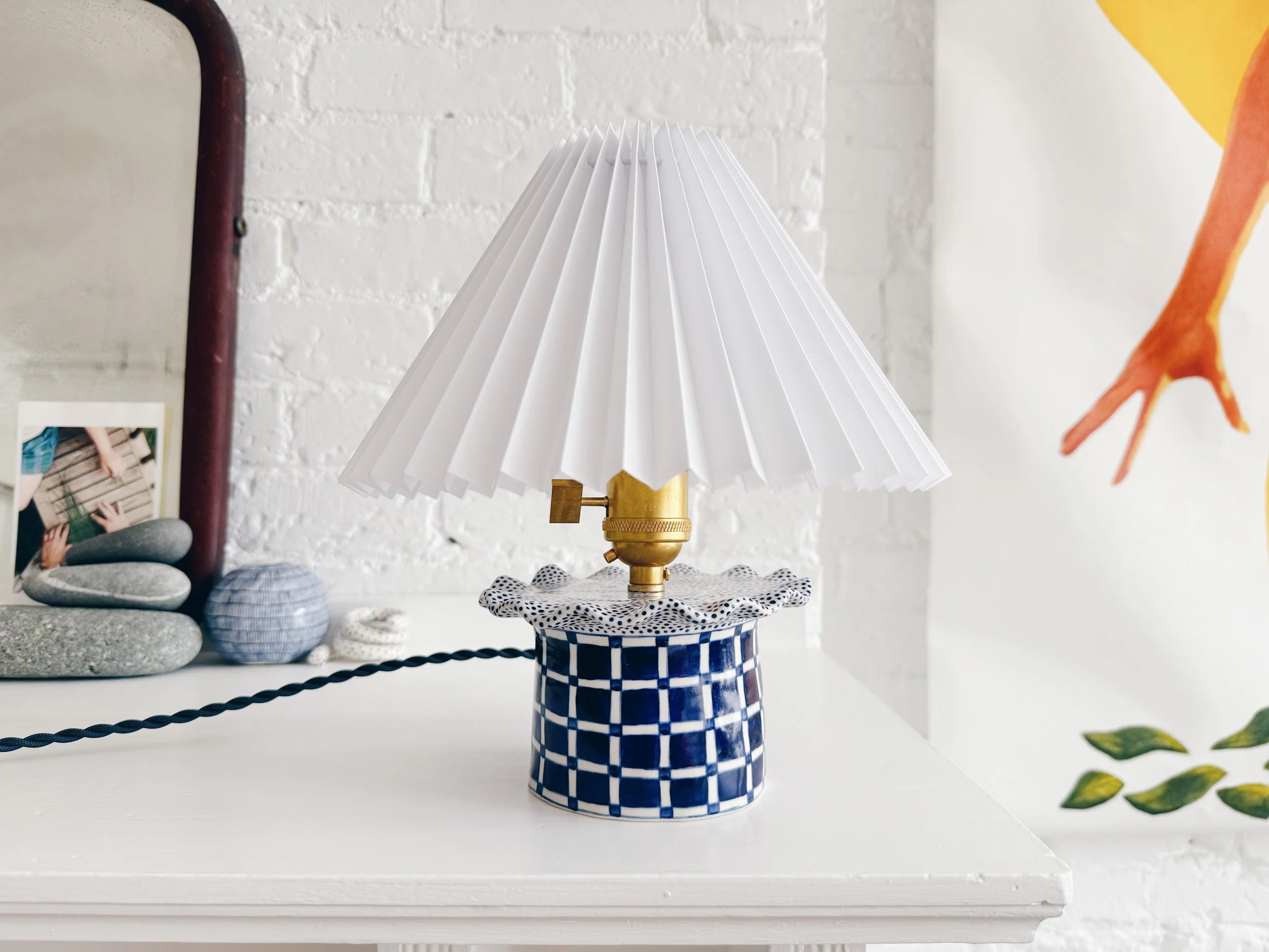 Blue and white, handmade ceramic lamp.