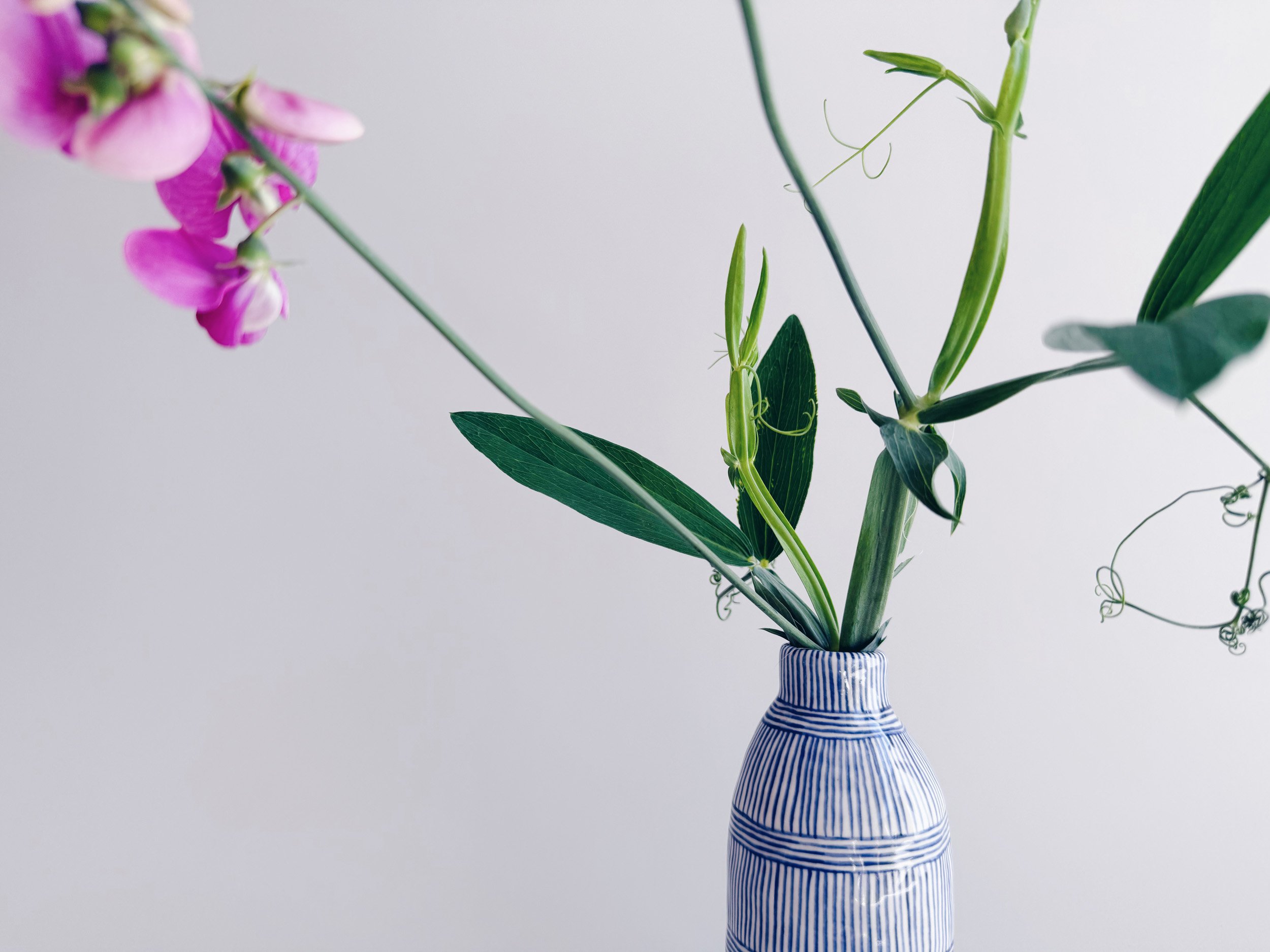 Blue and white, handmade ceramic vase.