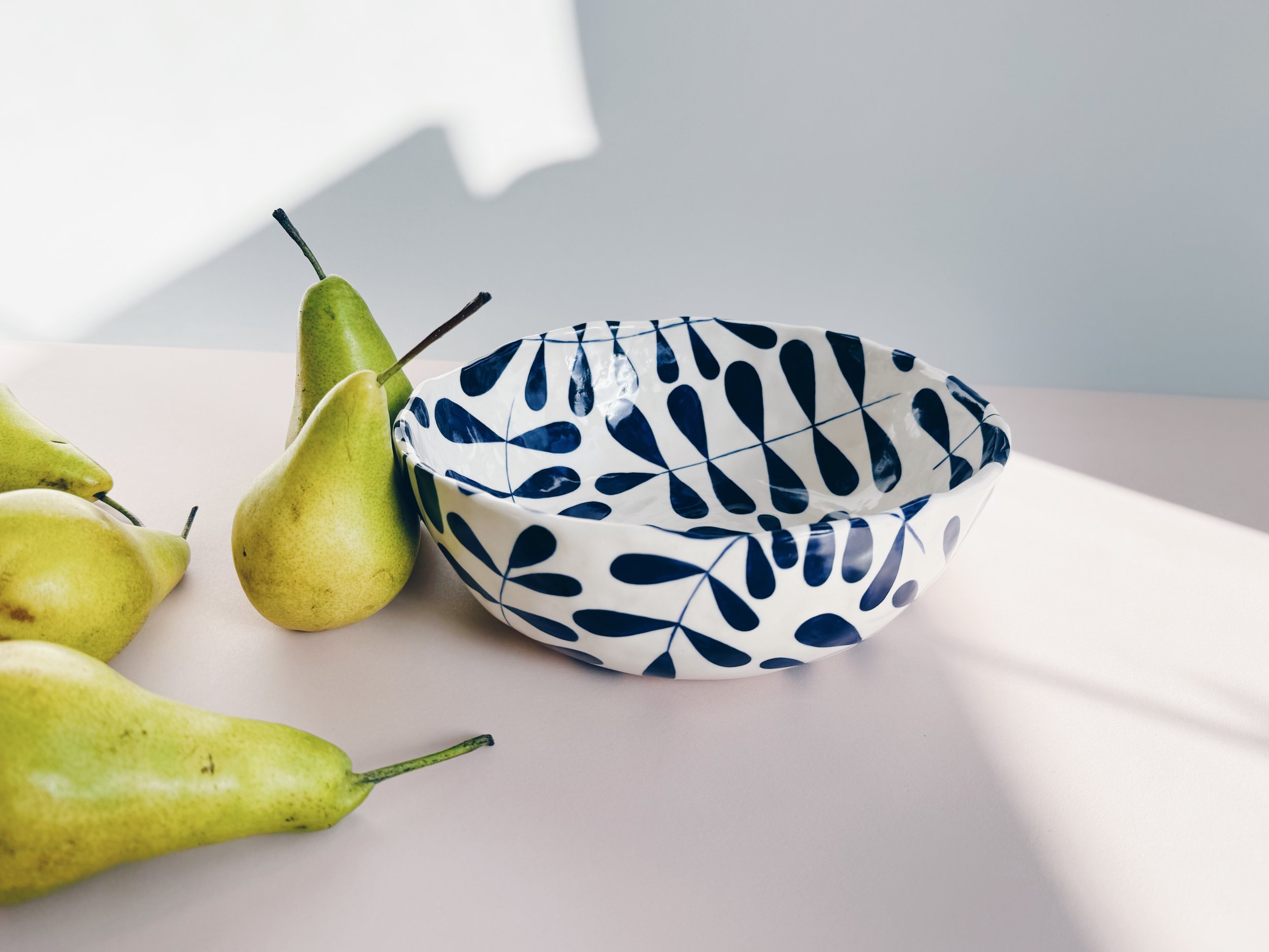 Blue and white, handmade ceramic bowl.