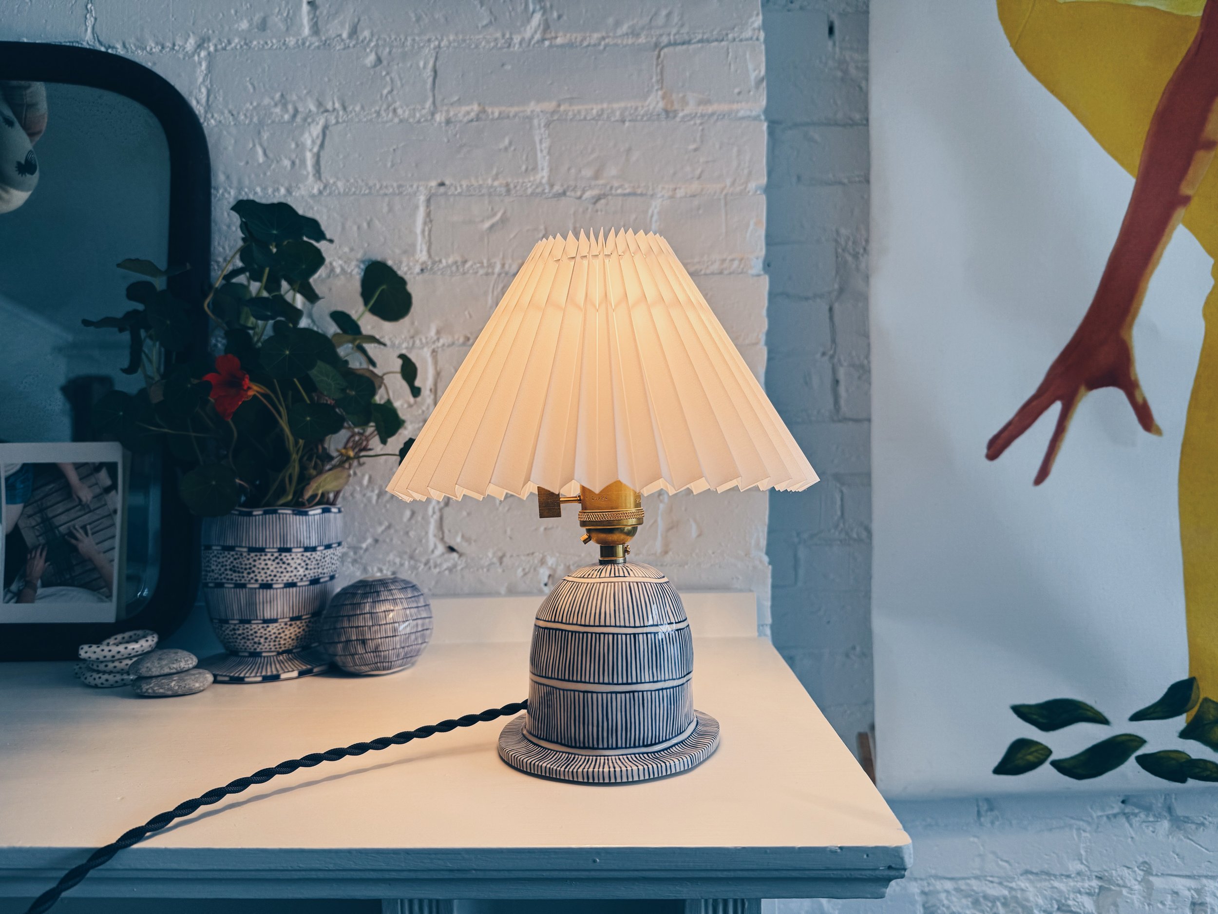 Blue and white, handmade ceramic lamp.