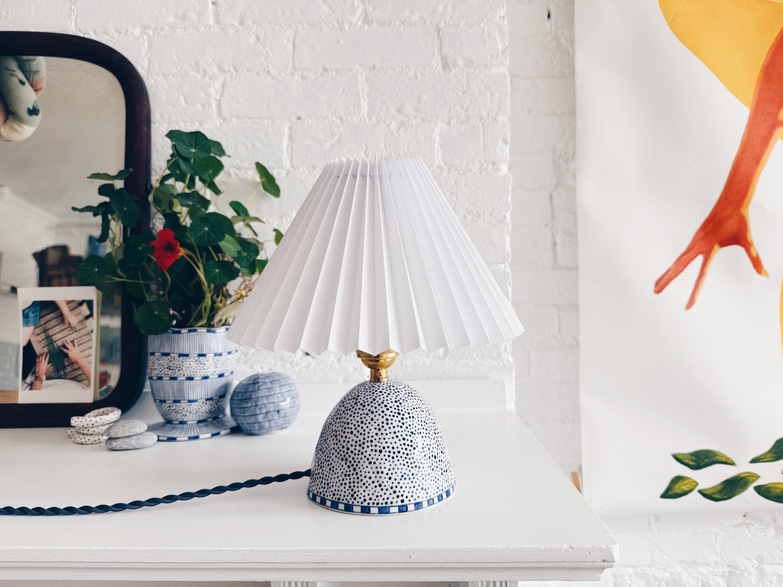 Blue and white, handmade ceramic lamp.