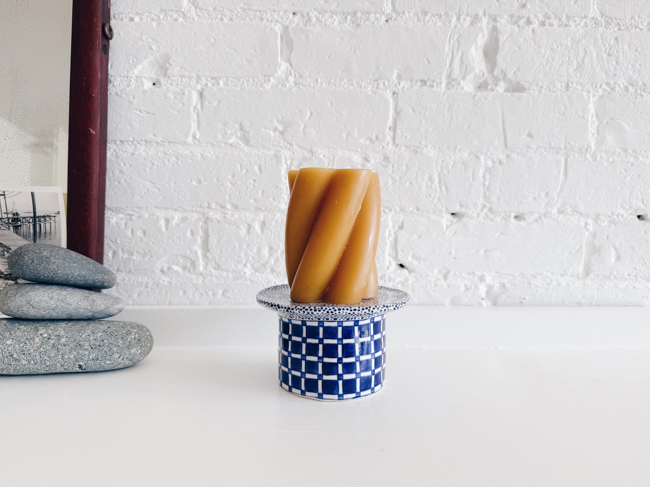 Blue and white, handmade ceramic raised plate.