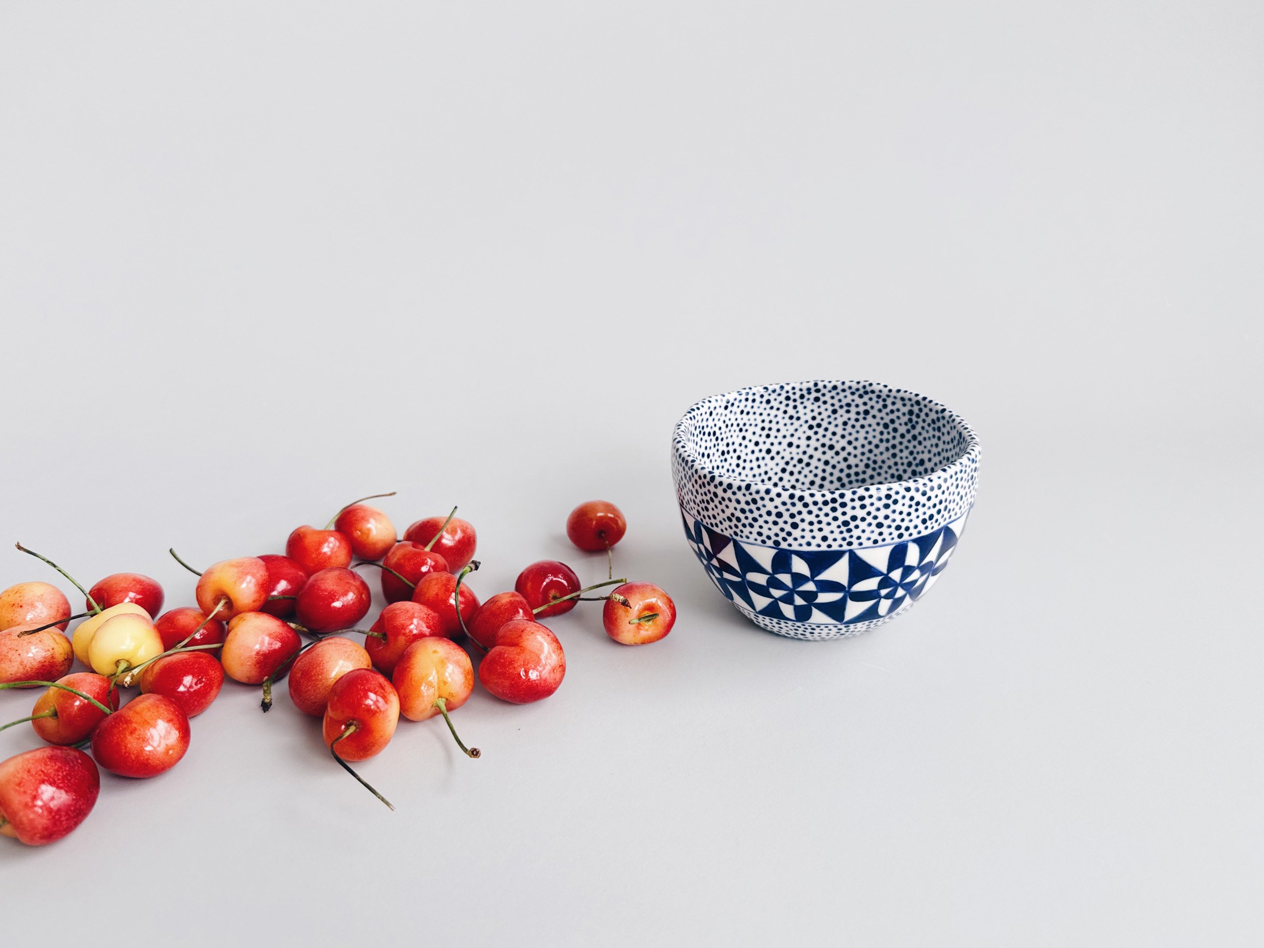 Blue and white, handmade ceramic bowl.