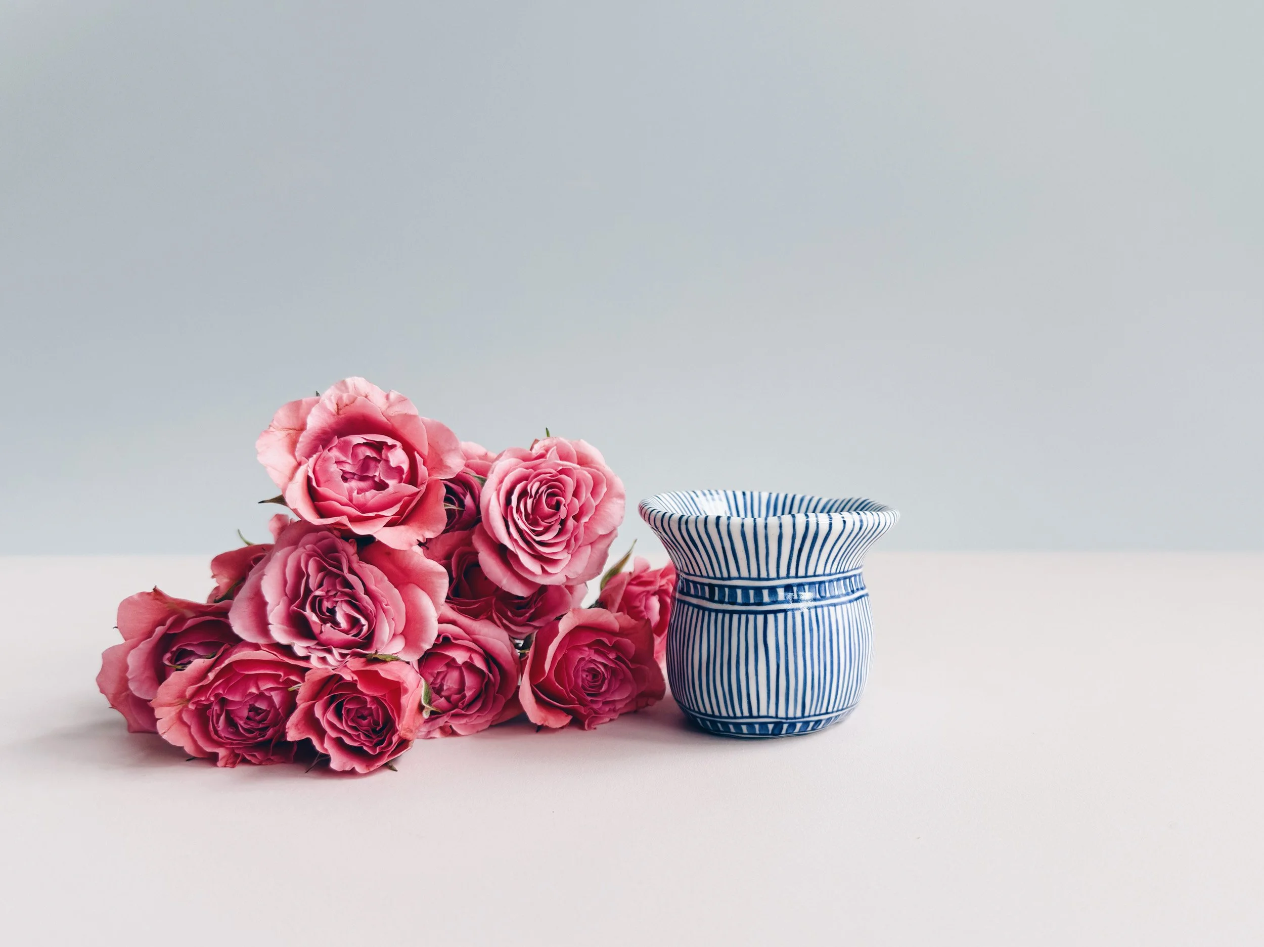 Blue and white, handmade ceramic vase.