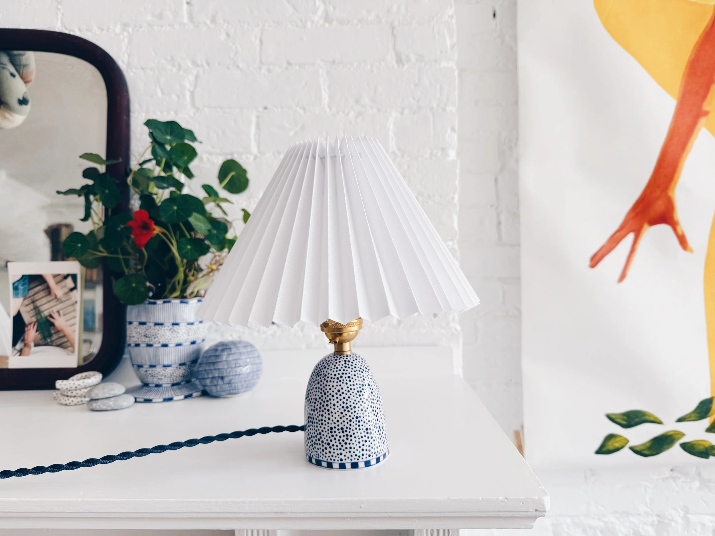 Blue and white, handmade ceramic lamp.