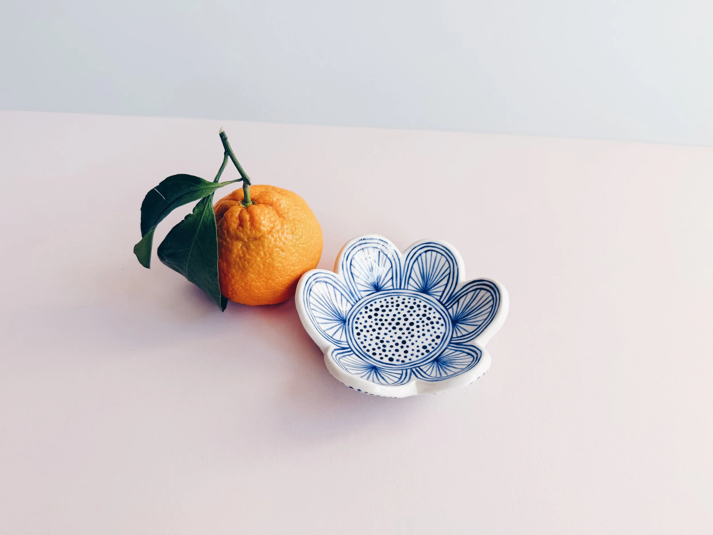 Blue and white, handmade ceramic dish.