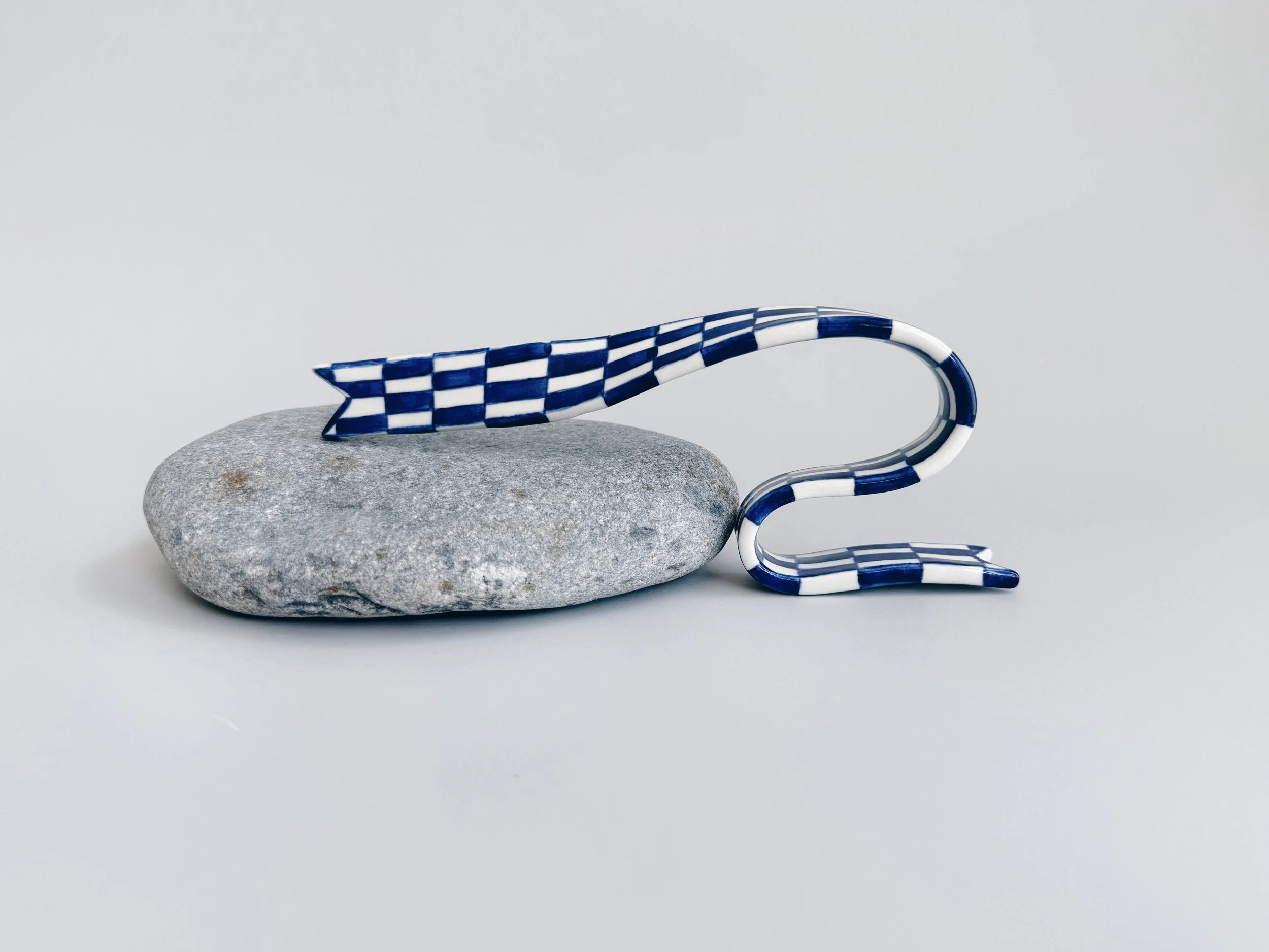 Blue and white, handmade ceramic ribbon
