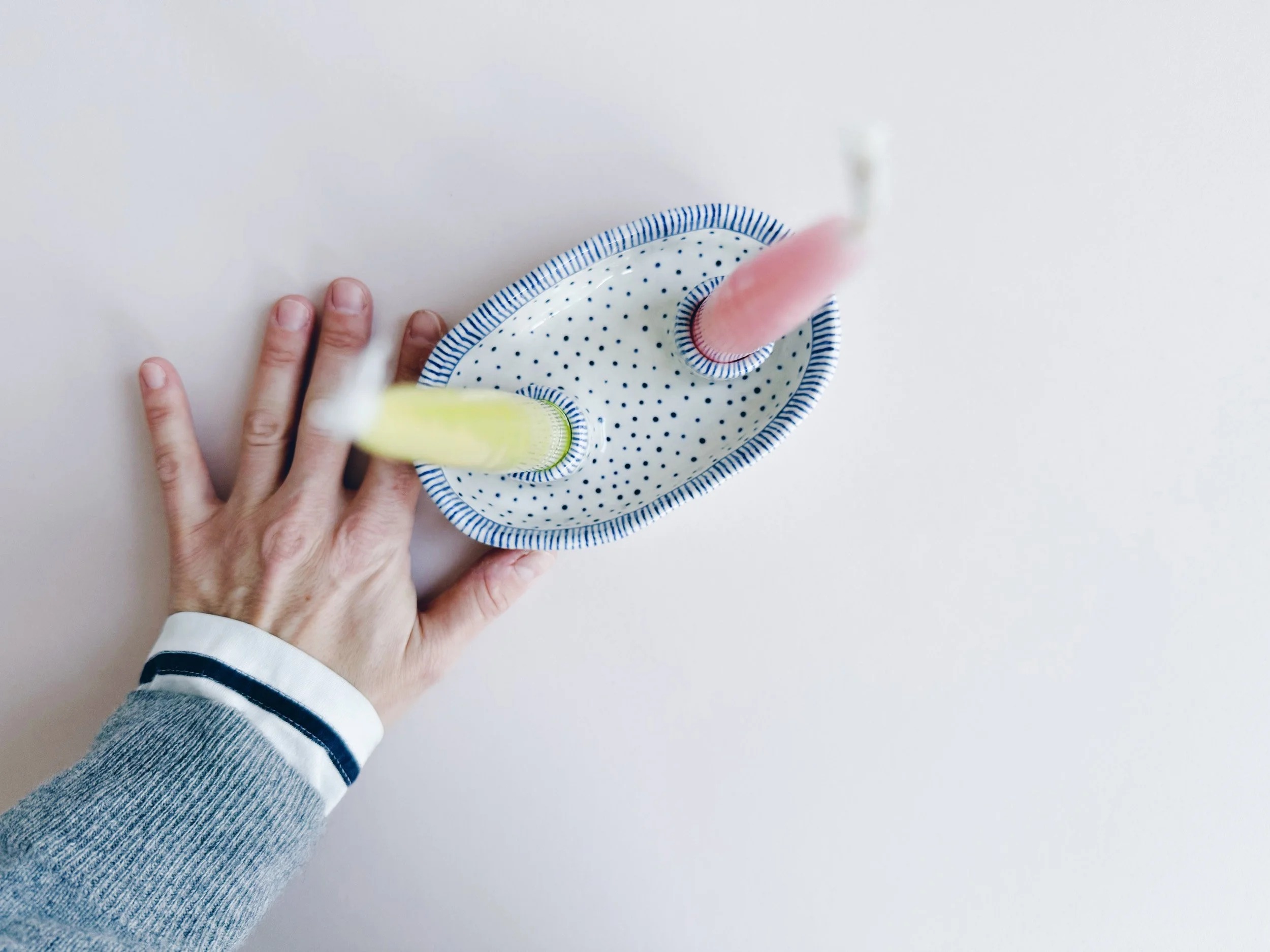 Blue and white, handmade ceramic candleholder.