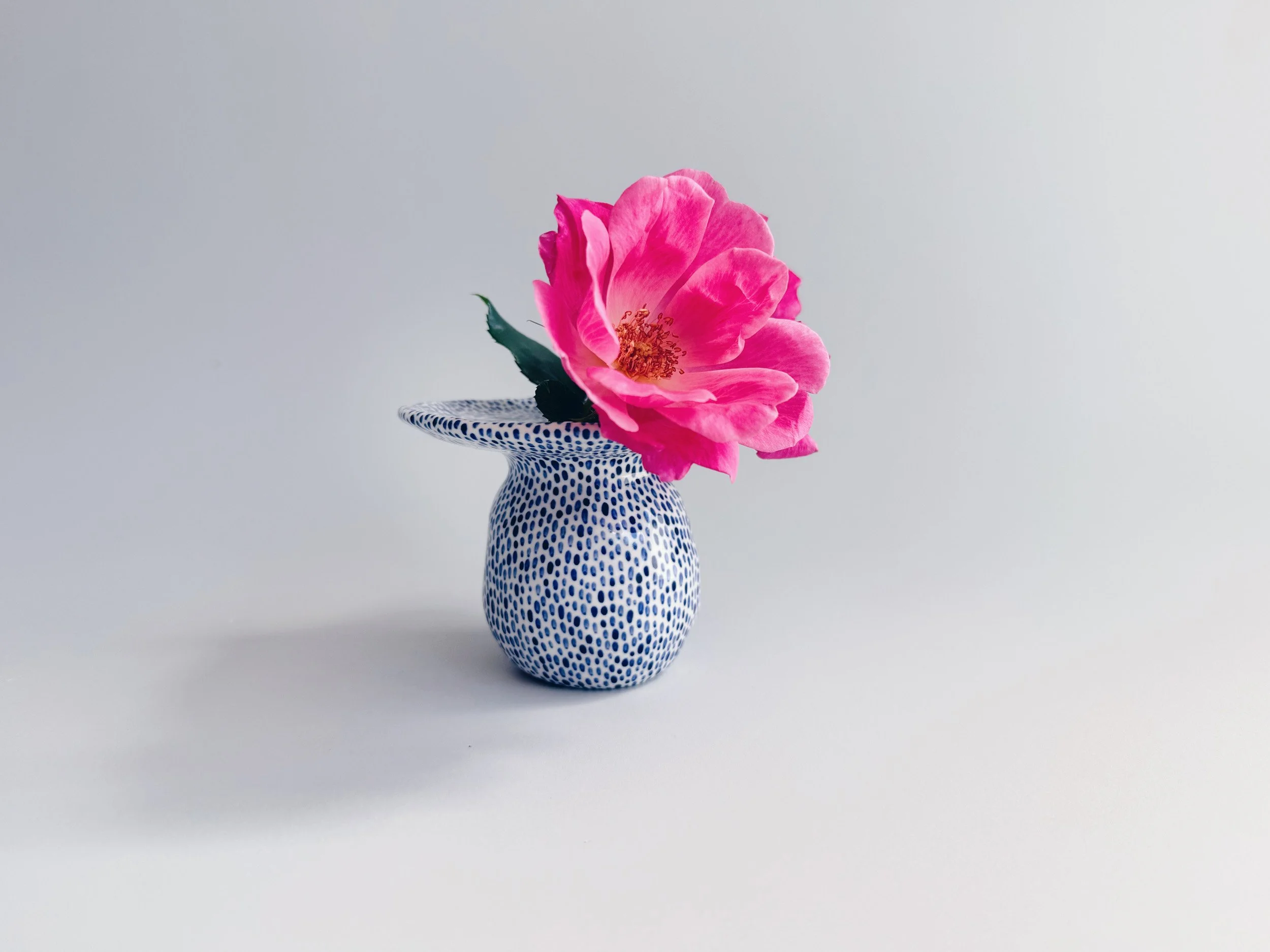 Blue and white, handmade ceramic vase.