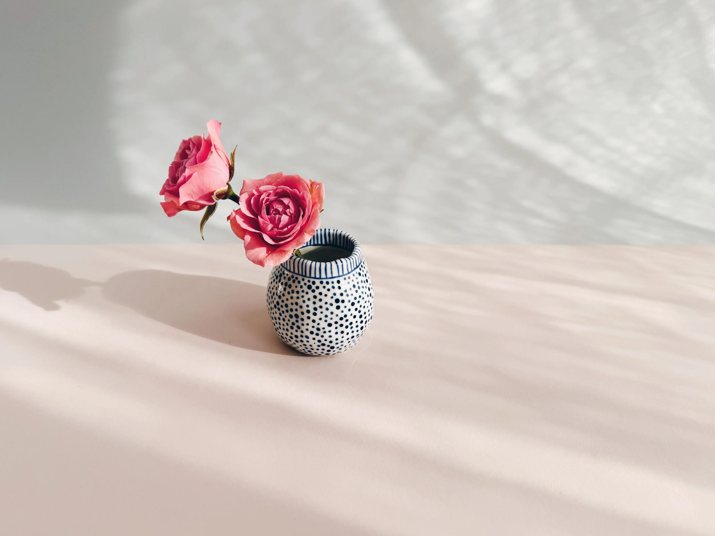 Blue and white, handmade ceramic vase.