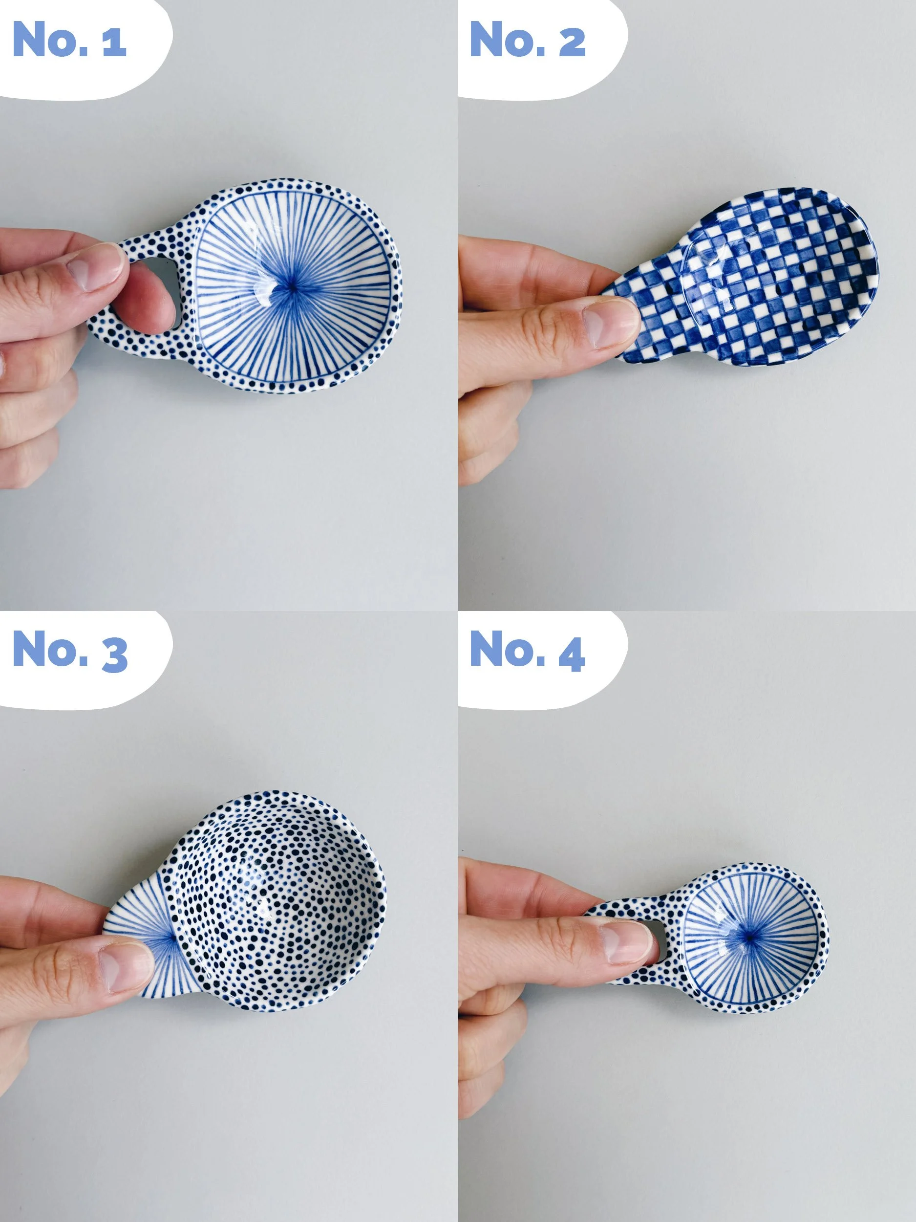 Blue and white, handmade ceramic scoop.