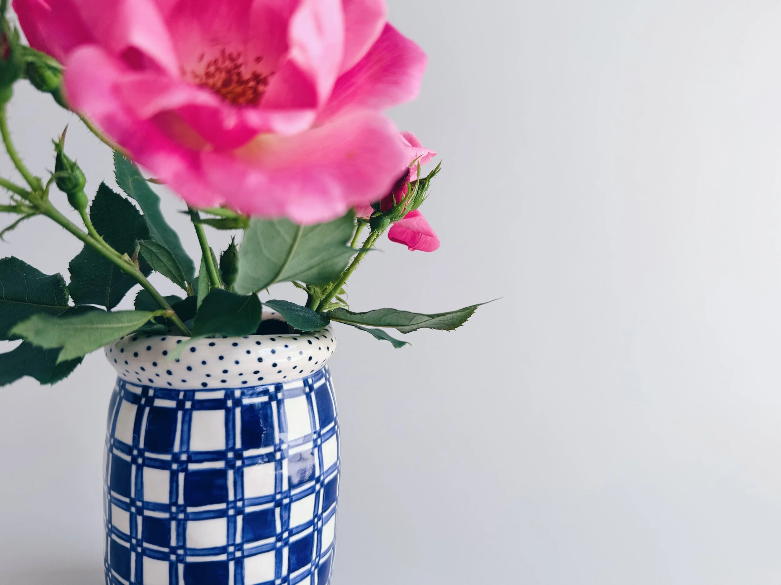 Blue and white, handmade ceramic vase.