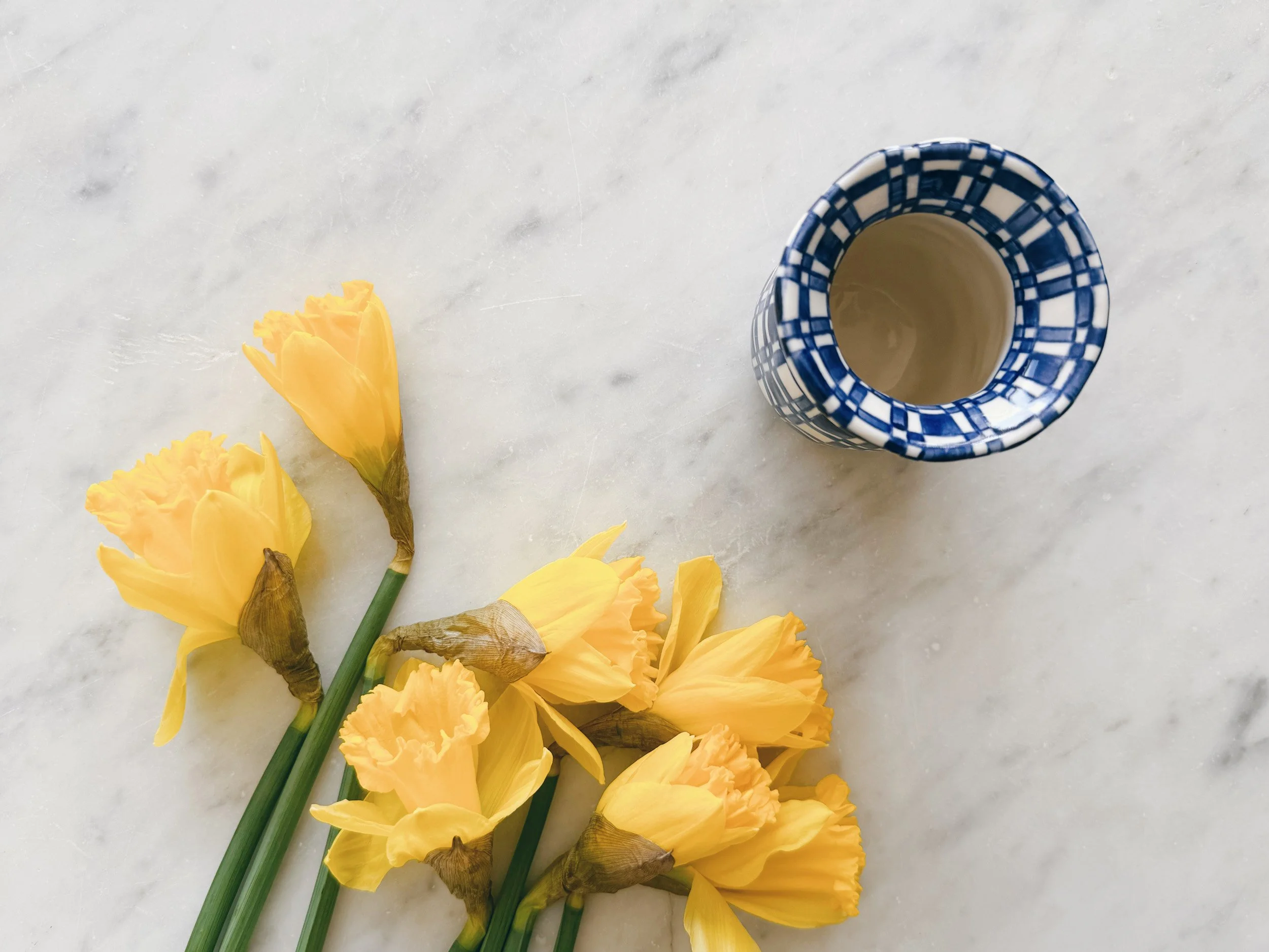Blue and white, handmade ceramic vase.