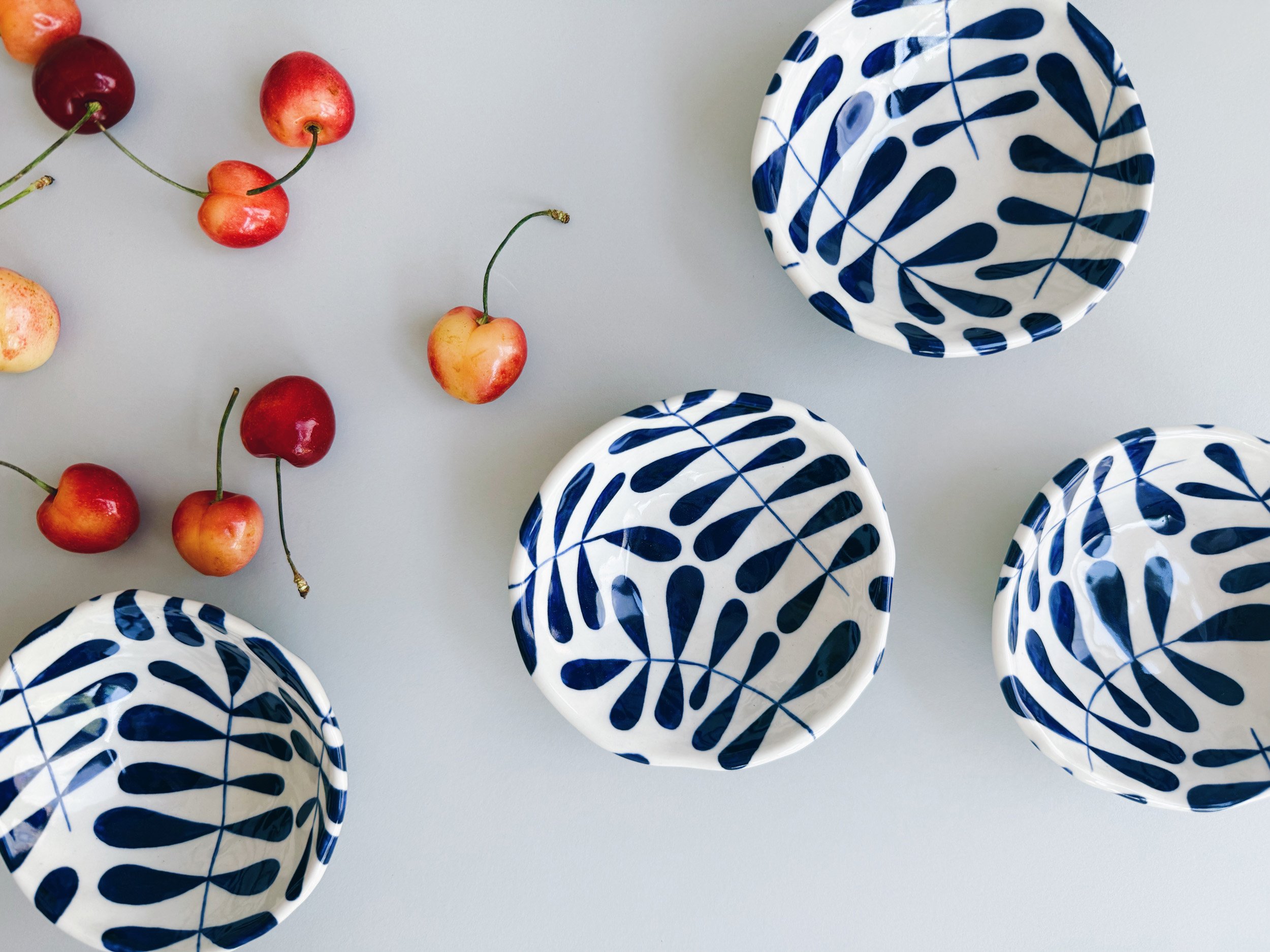 Blue and white, handmade ceramic bowl.