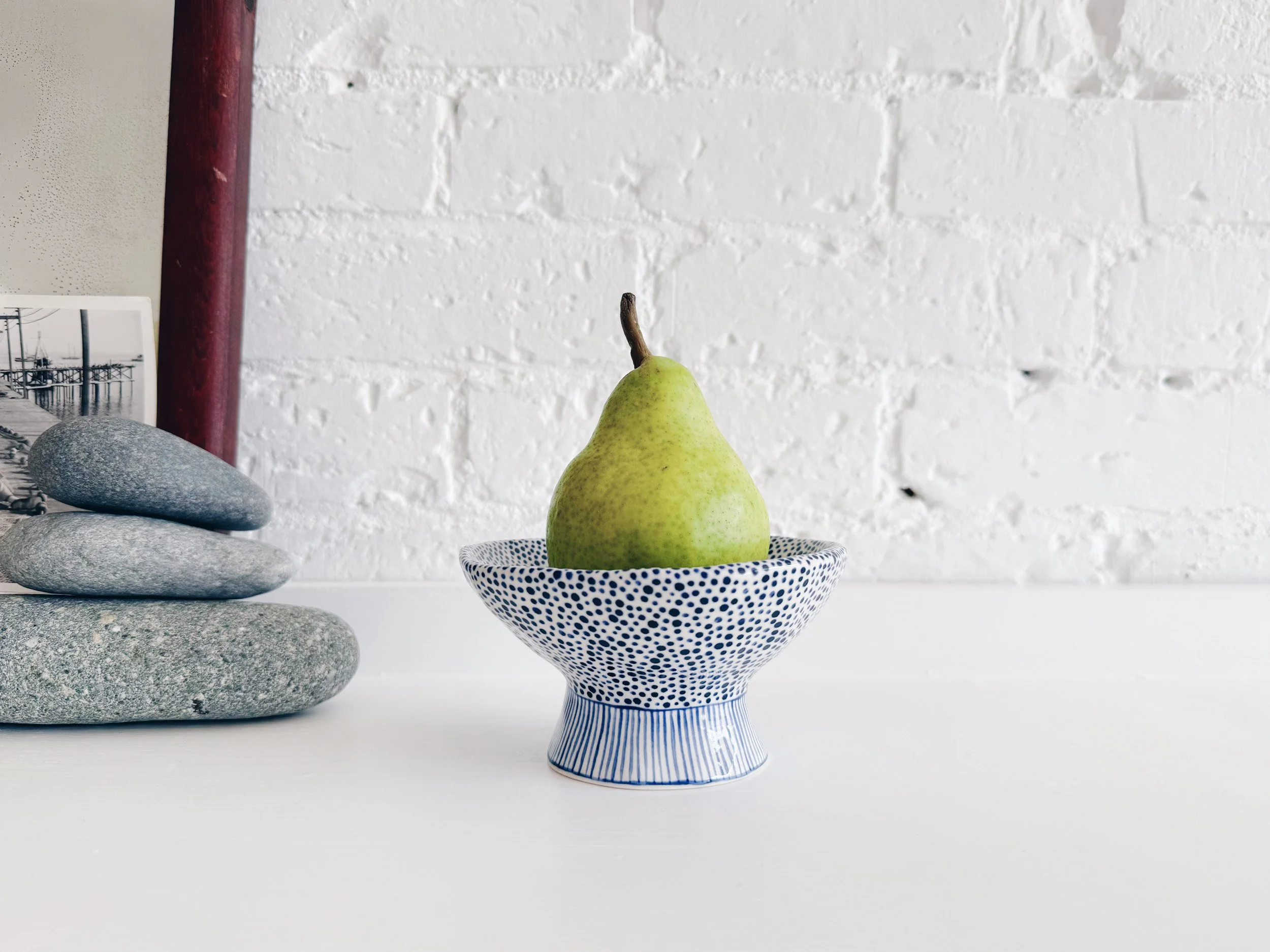 Blue and white, handmade ceramic bowl.