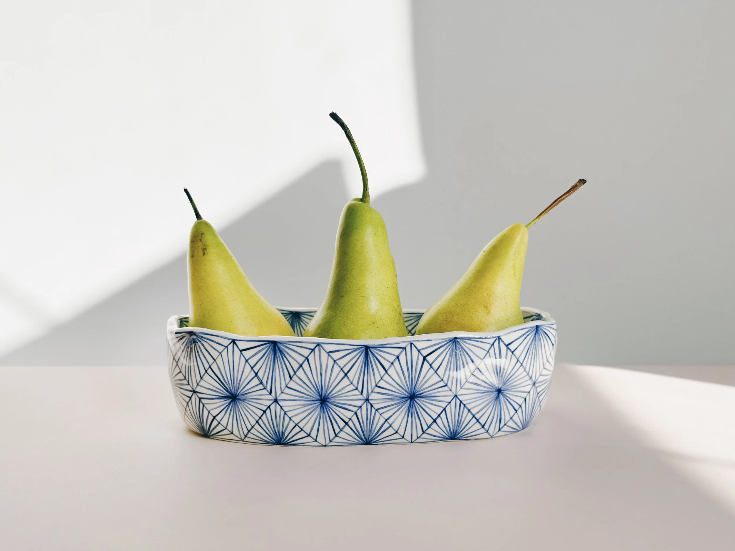 Blue and white, handmade ceramic dish.