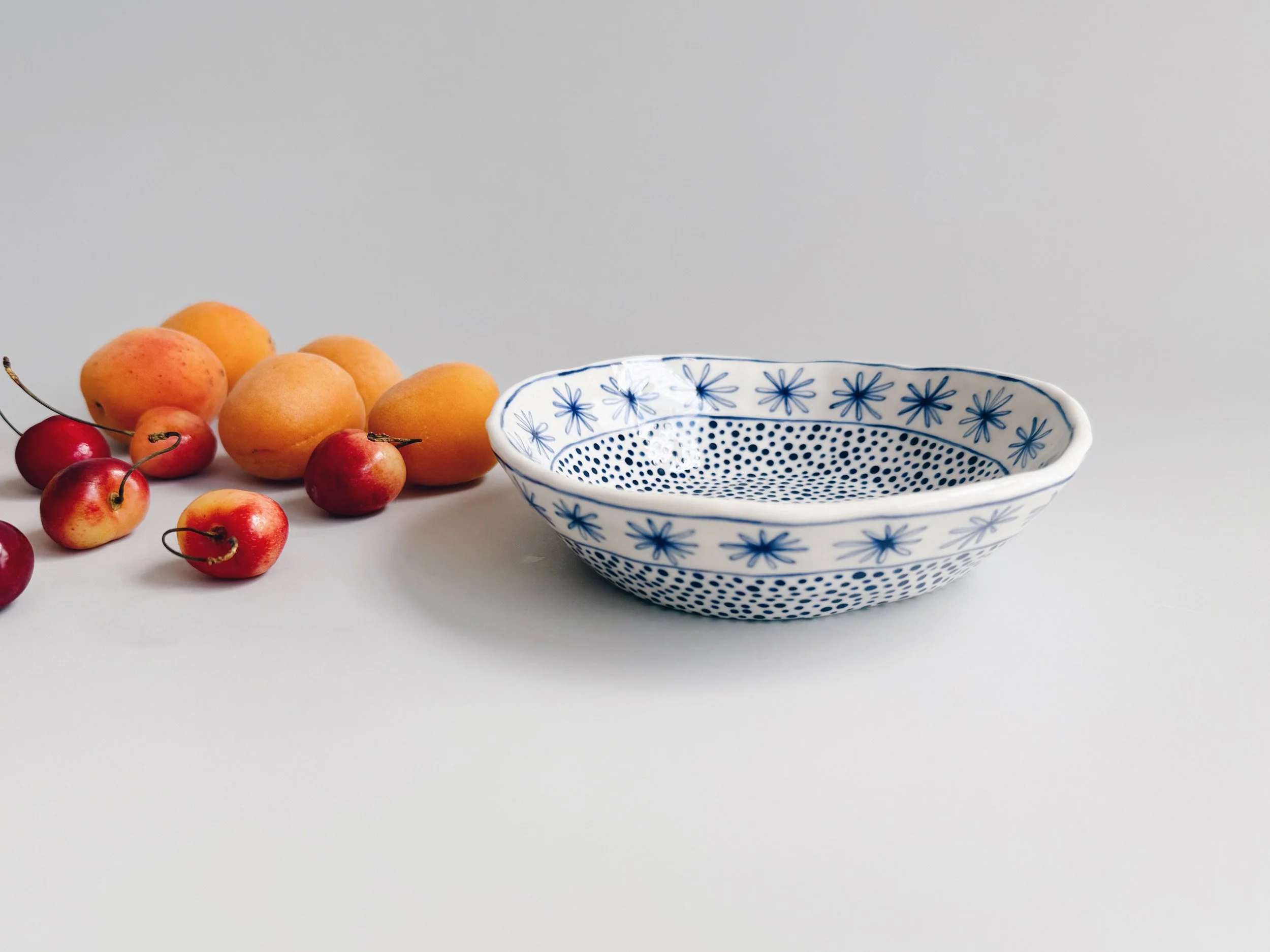 Blue and white, handmade ceramic bowl.
