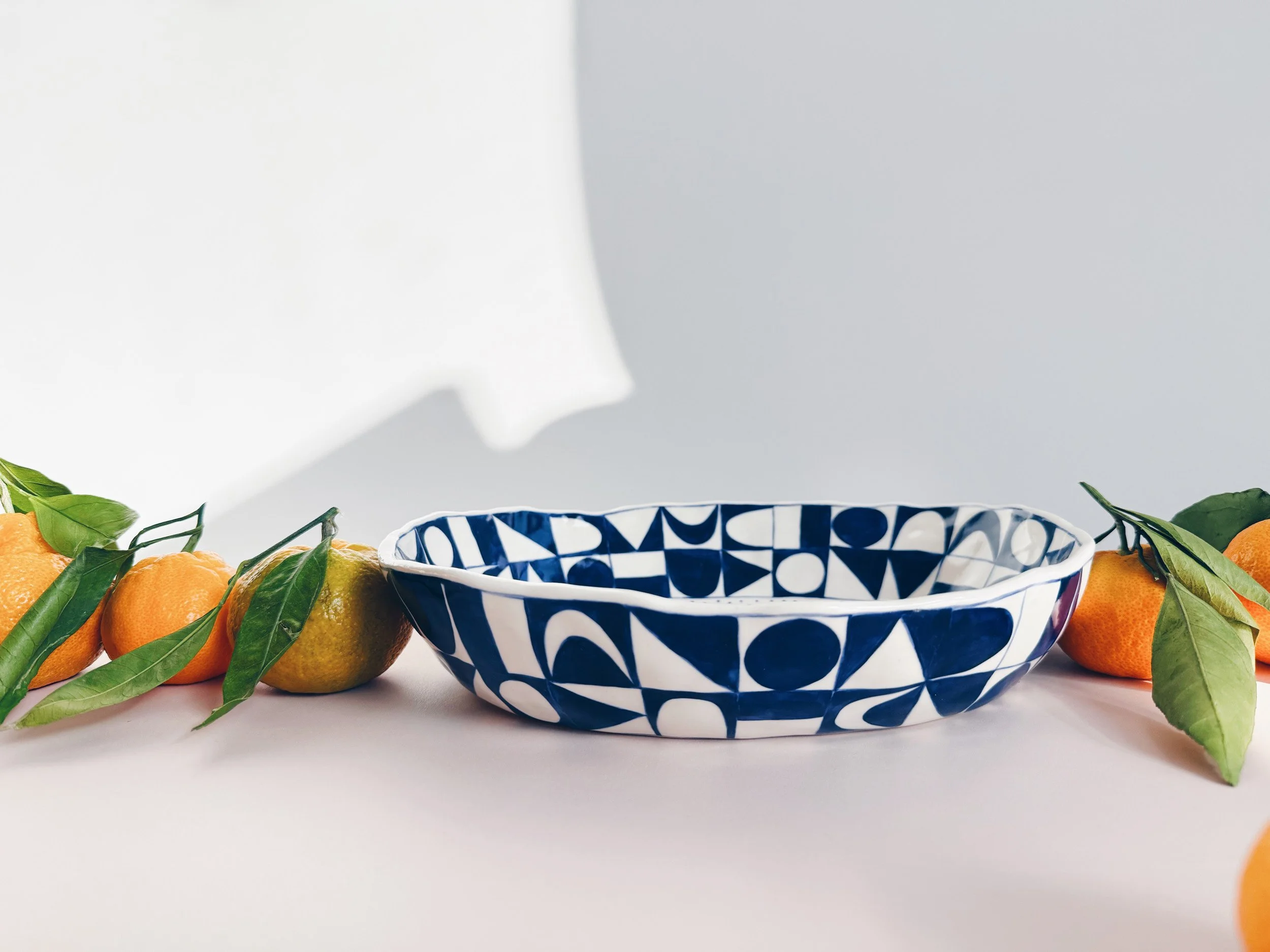 Blue and white, handmade ceramic bowl.