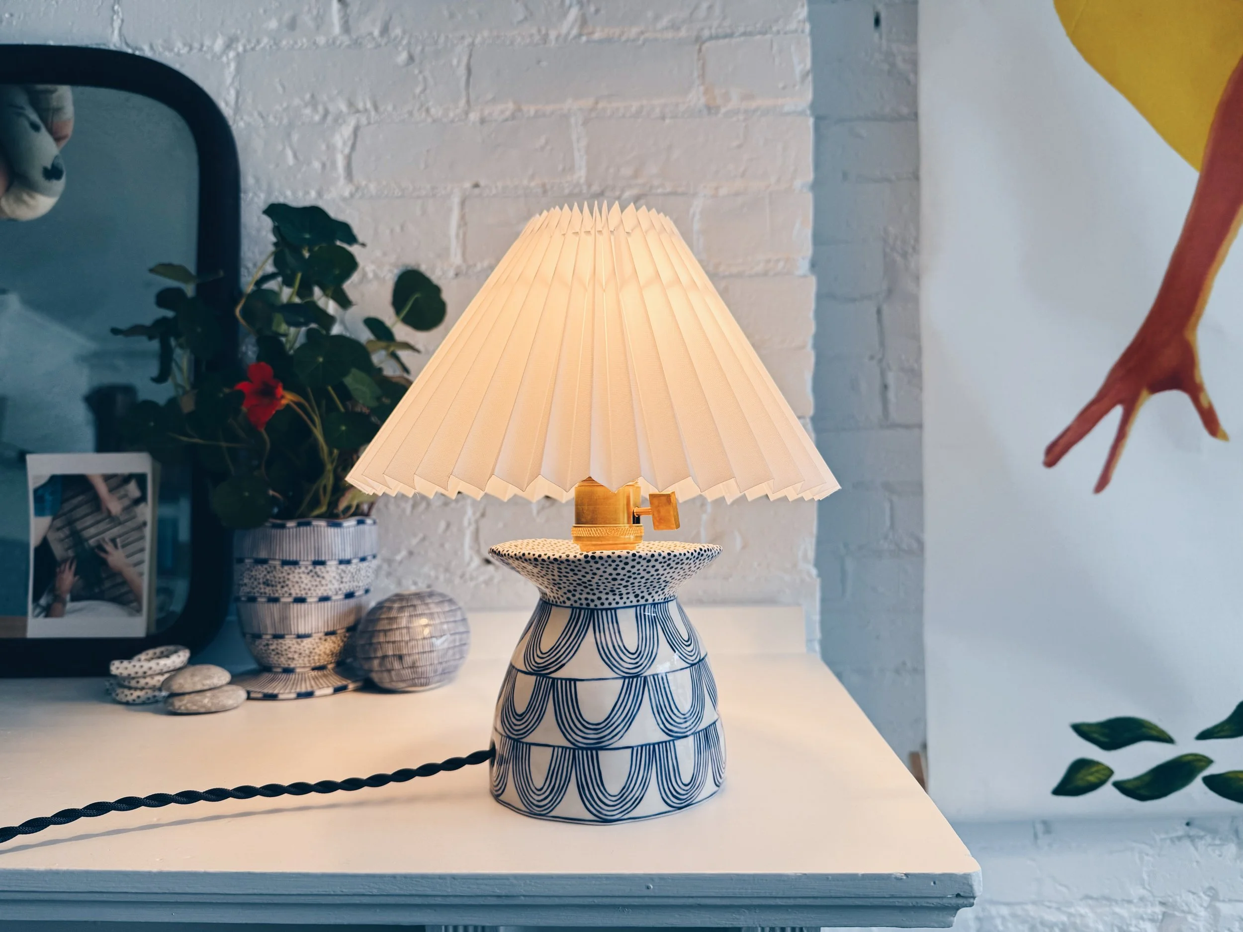 Blue and white, handmade ceramic lamp.