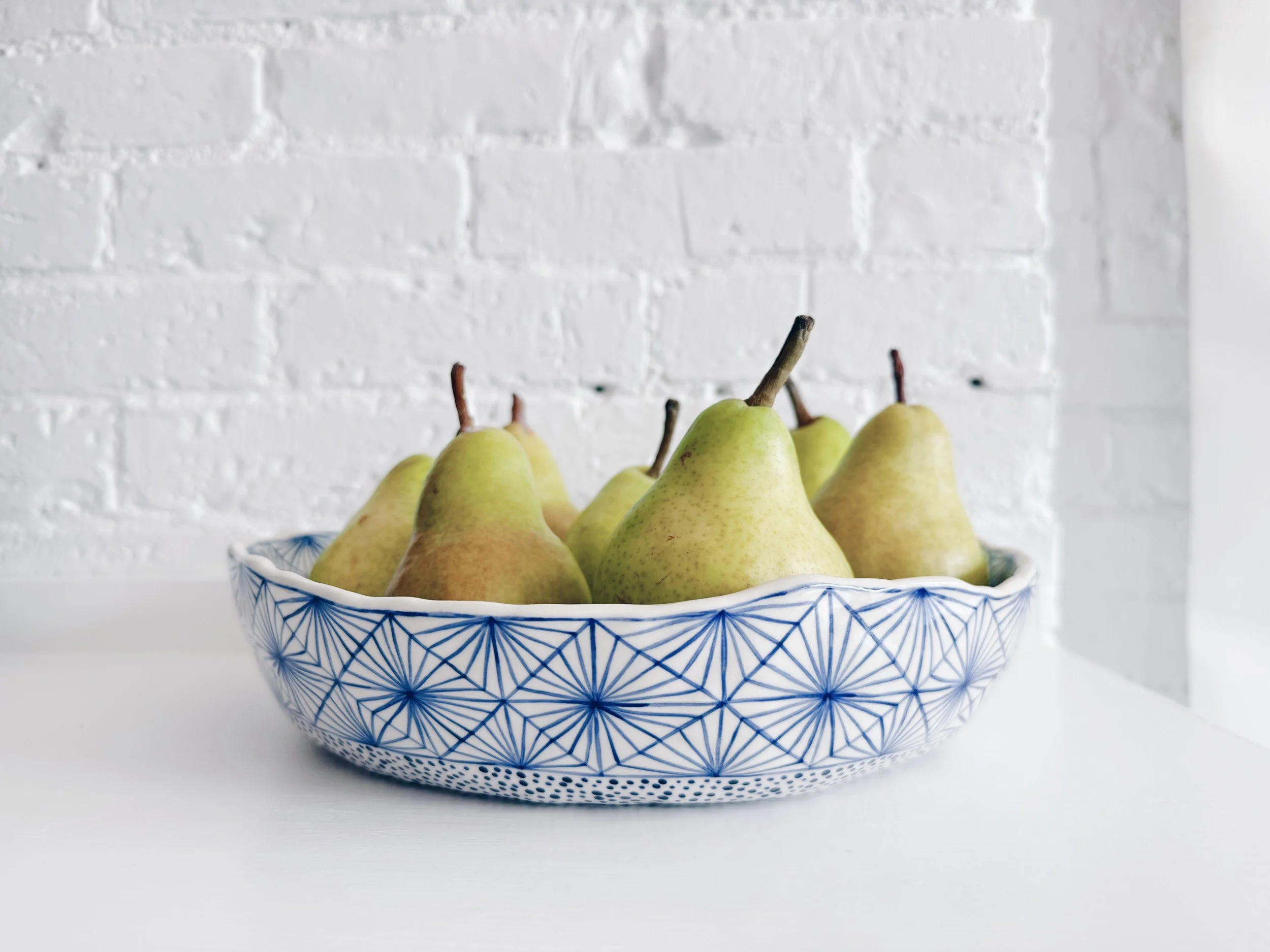 Blue and white, handmade ceramic bowl.