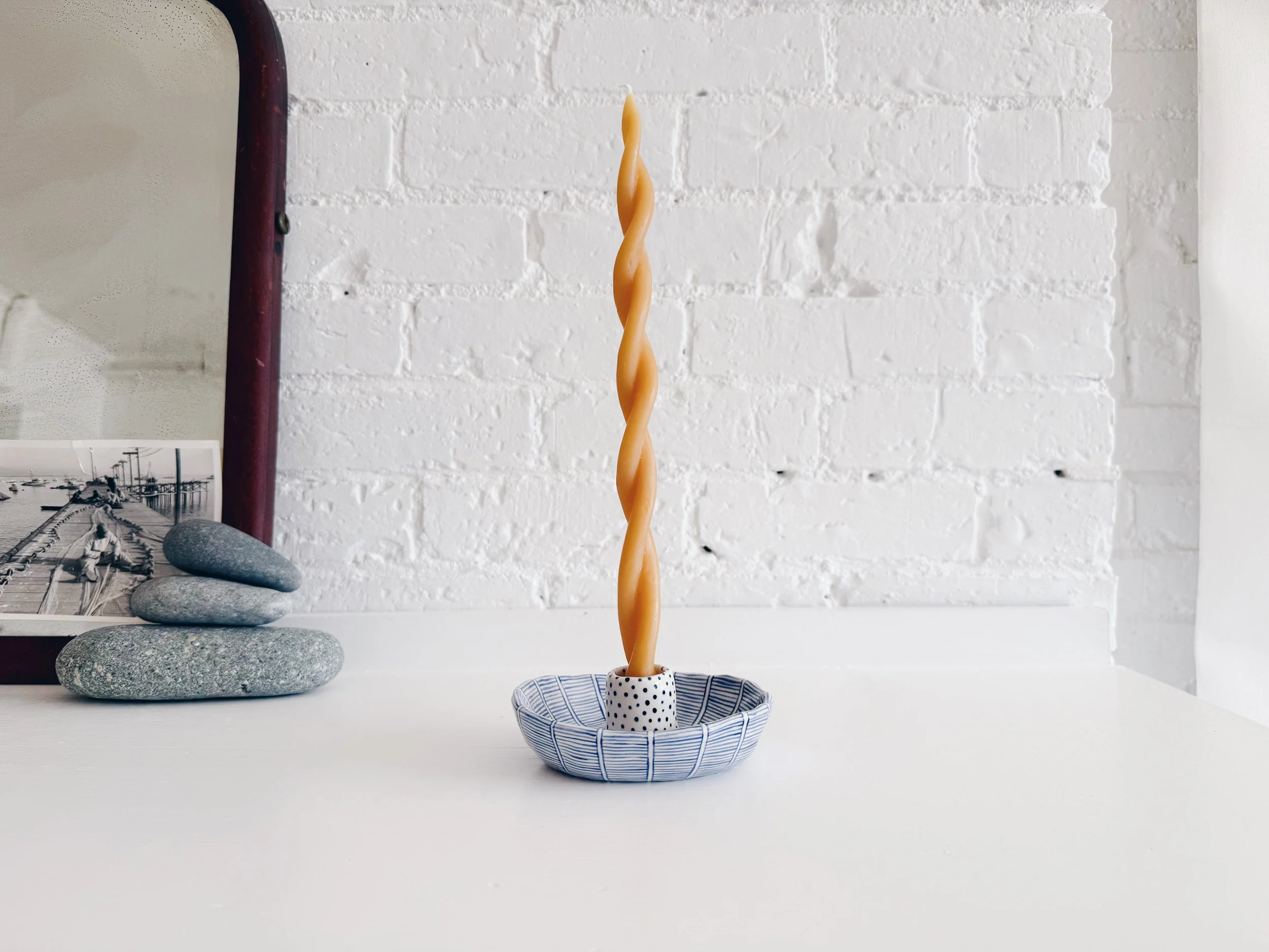 Blue and white, handmade ceramic candleholder.