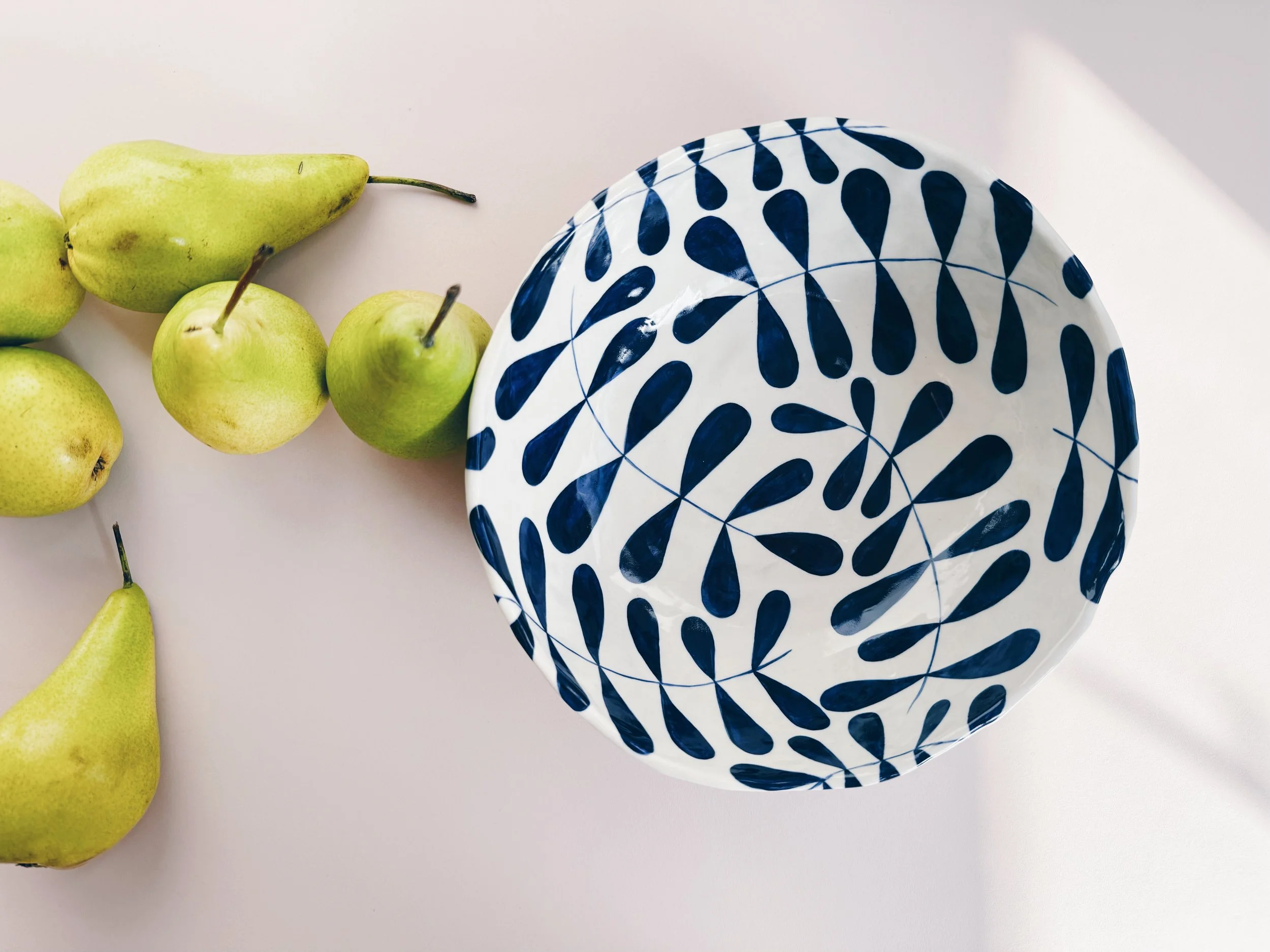 Blue and white, handmade ceramic bowl.