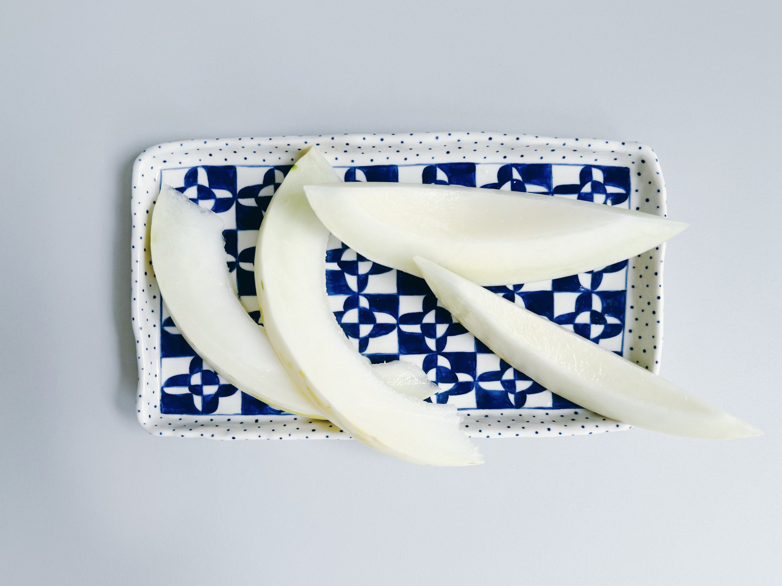 Blue and white, handmade ceramic plate.