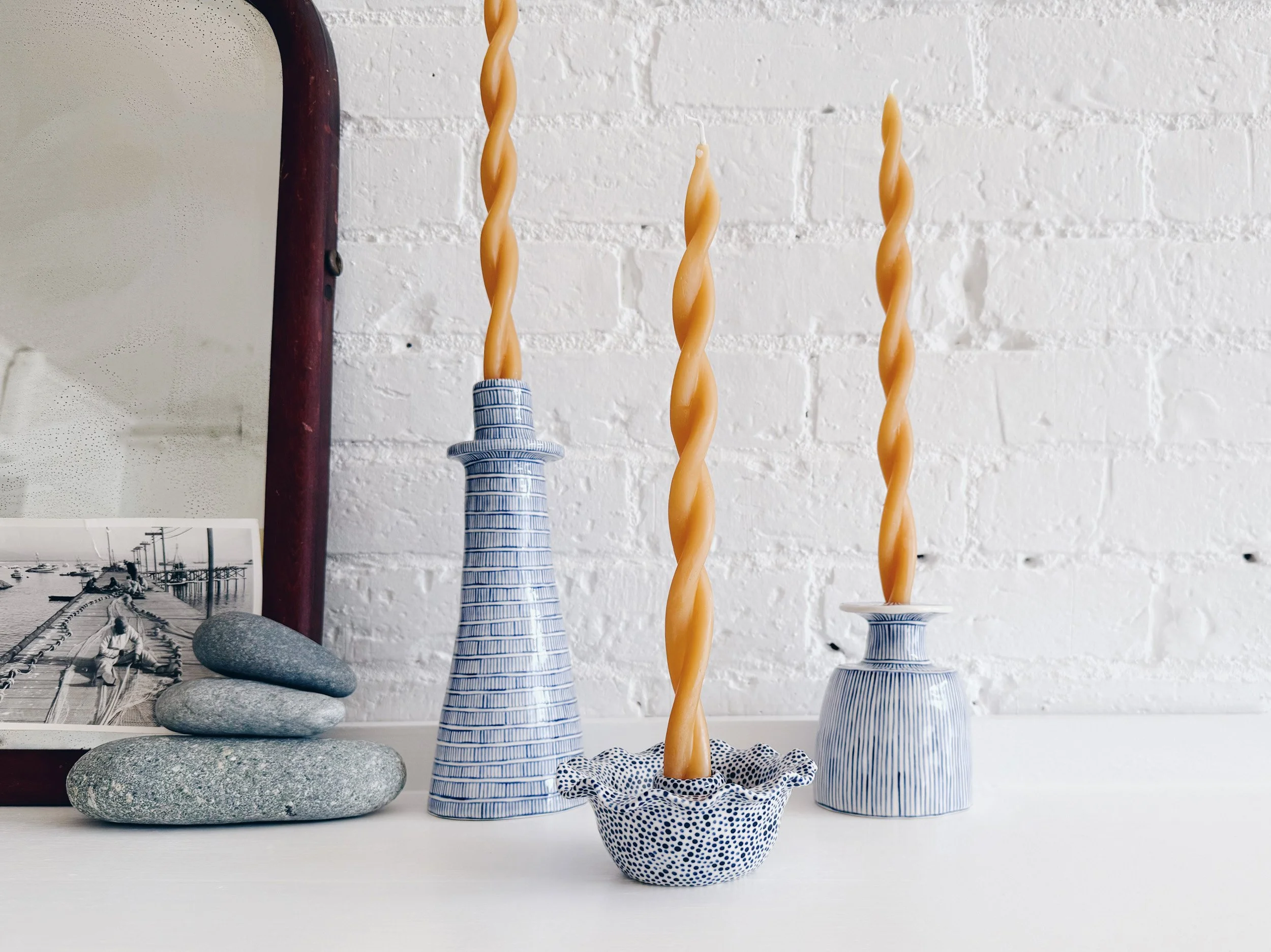 Blue and white, handmade ceramic candleholder.