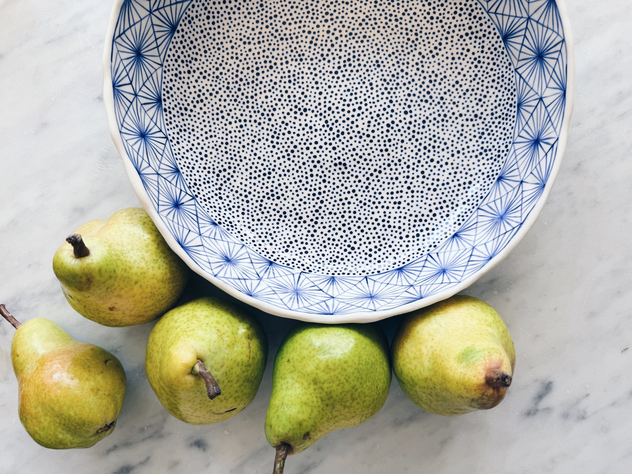 Blue and white, handmade ceramic bowl.
