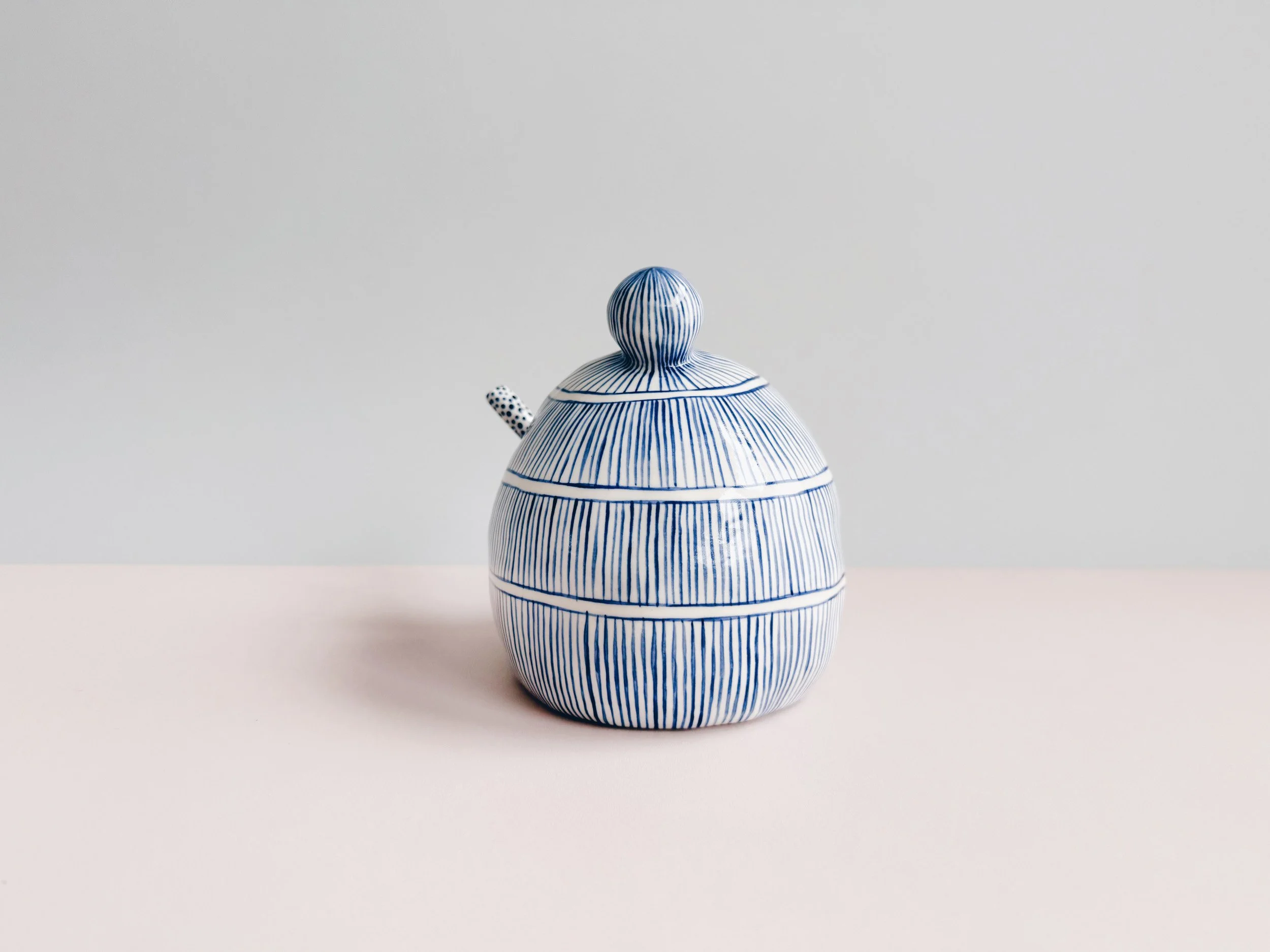 Blue and white, handmade ceramic salt cellar.